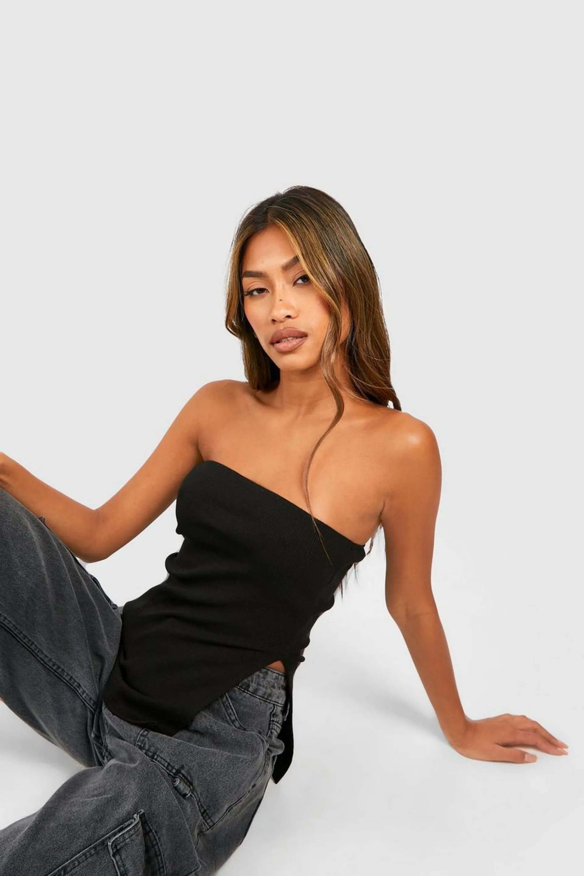 Black Rib Long Line Split Hem Bandeau Top