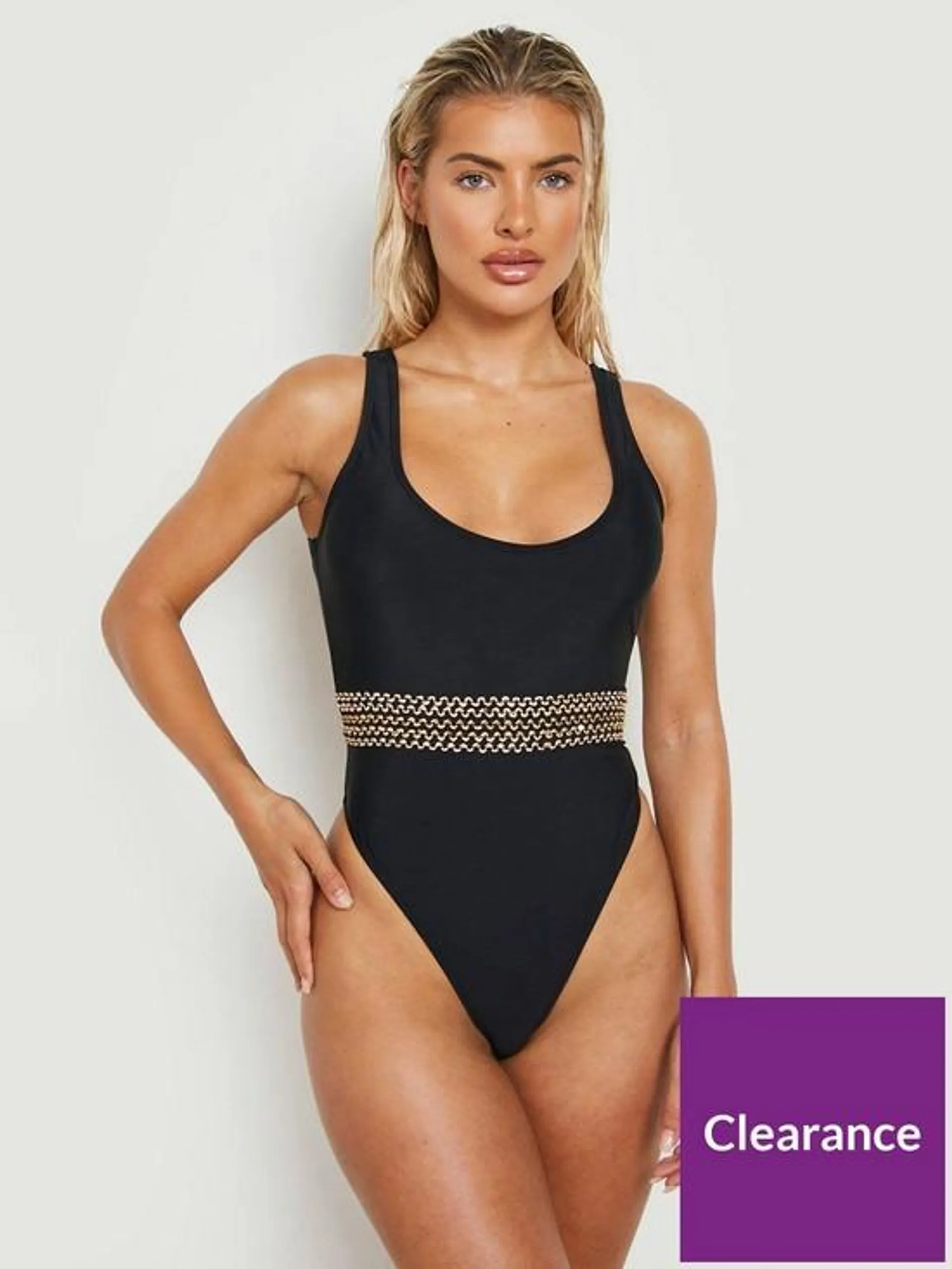 Embellished Trim Scoop Neck Swimsuit - Black