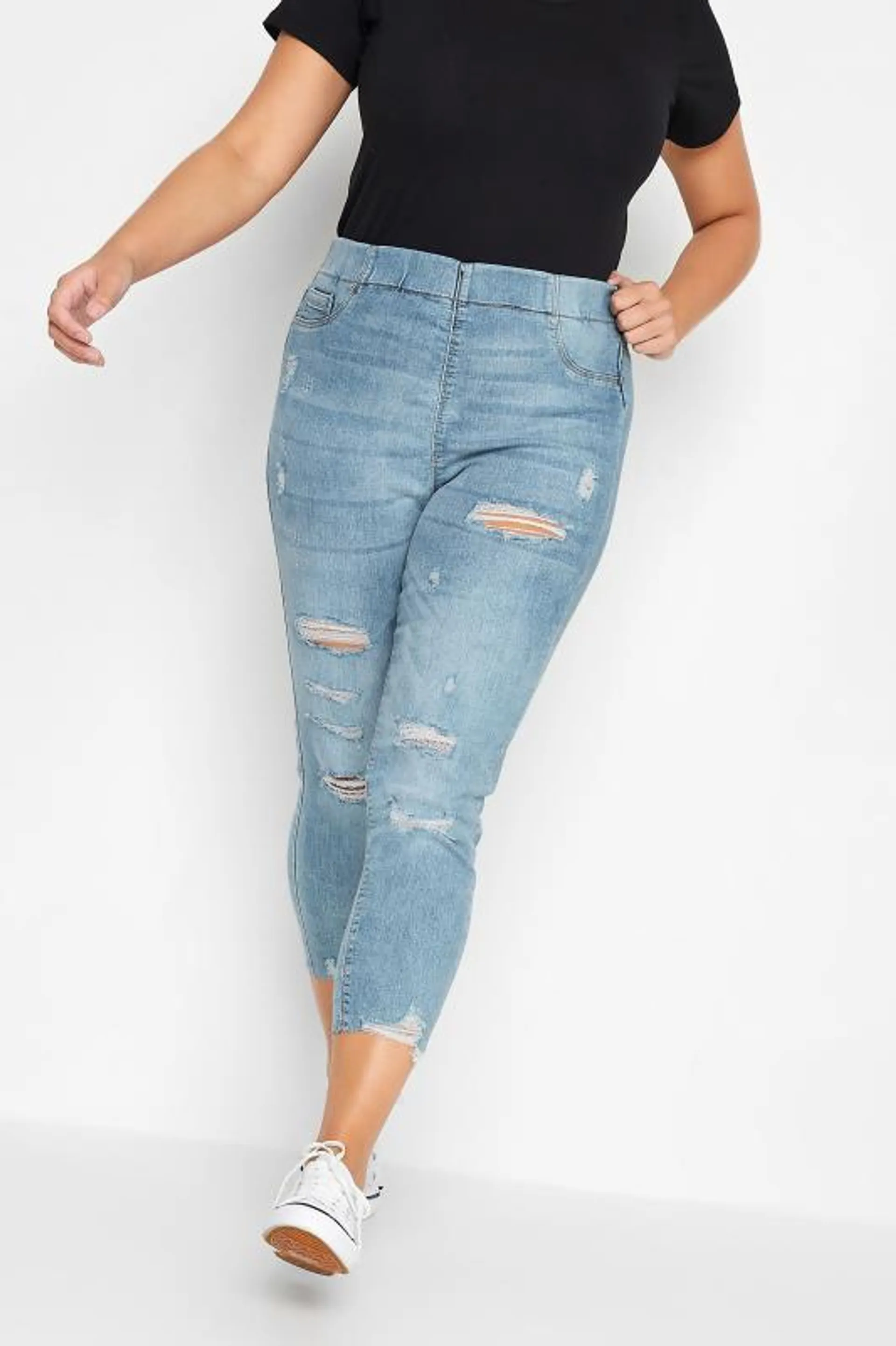 YOURS Curve Light Blue Ripped Stretch Cropped JENNY Jeggings