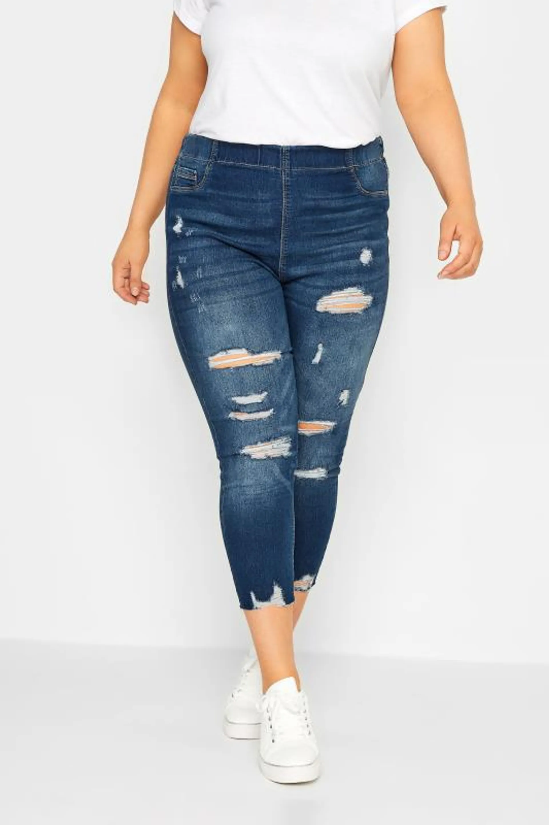 YOURS Curve Mid Blue Ripped Stretch Cropped JENNY Jeggings