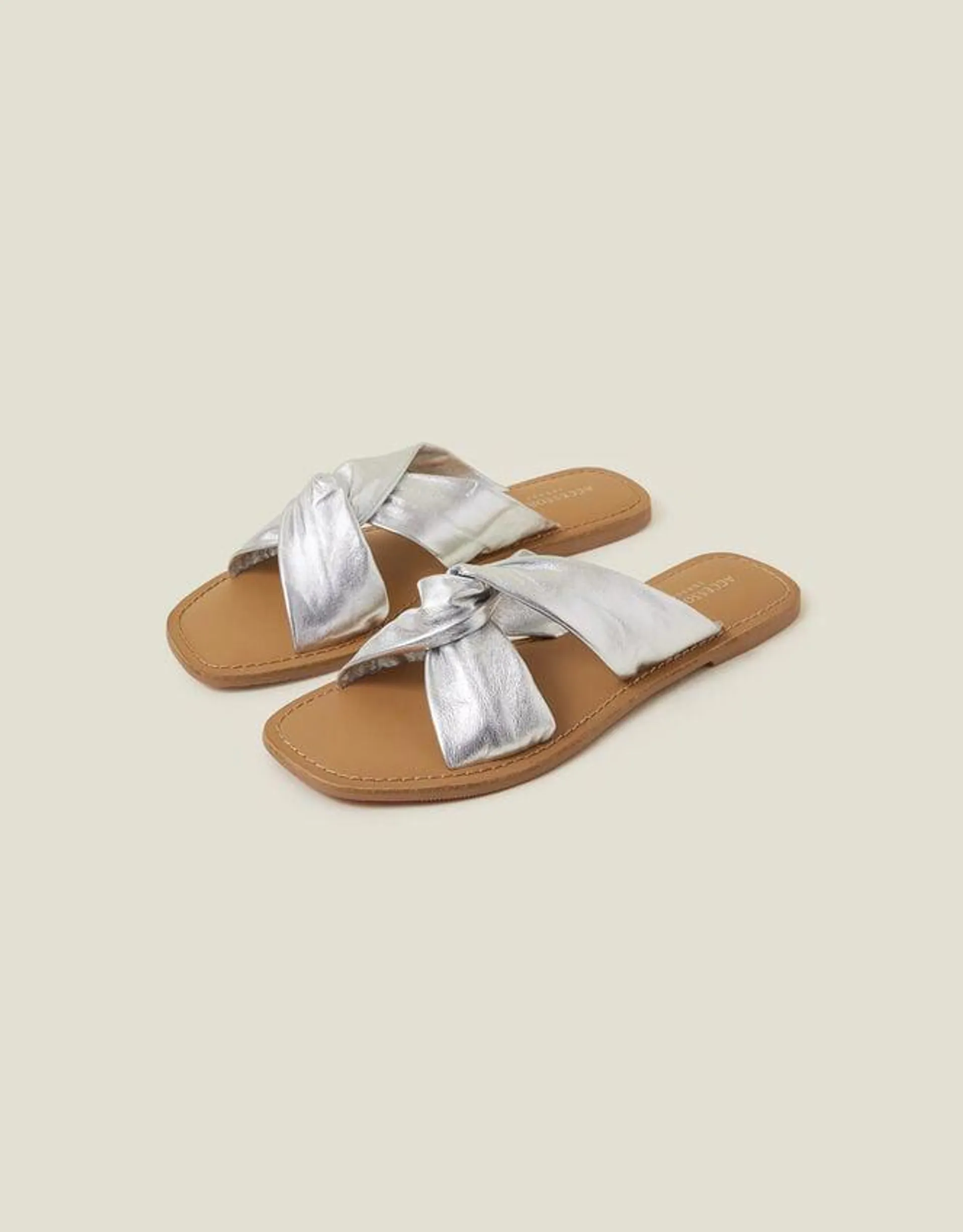 Metallic Leather Knot Sandals Silver