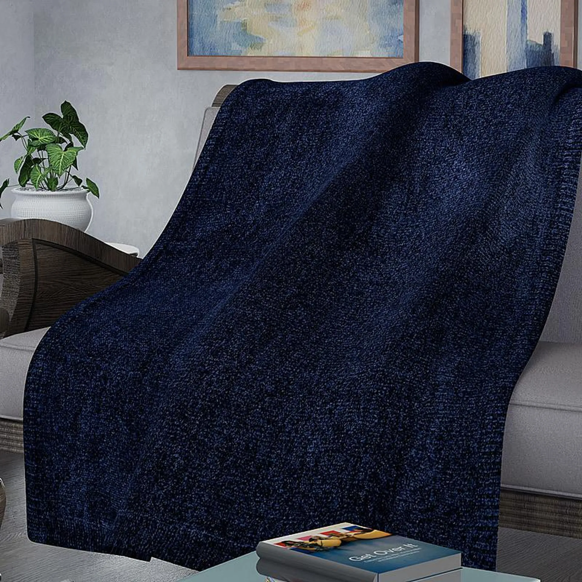 Chenille Wrinkle and Stain Resistance Throw with Border - Navy