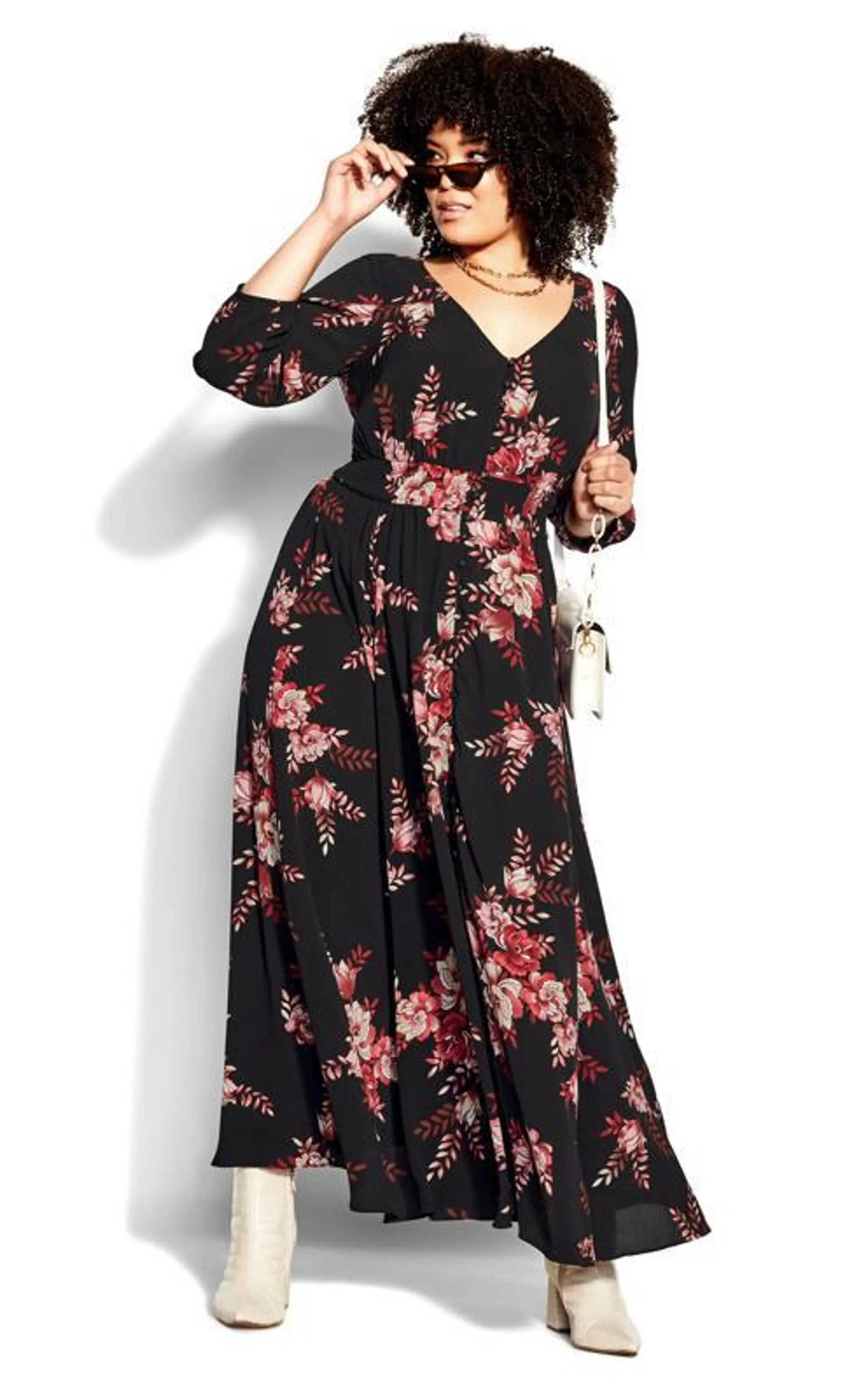 City Chic Black Floral Print Shirred Waist Maxi Dress