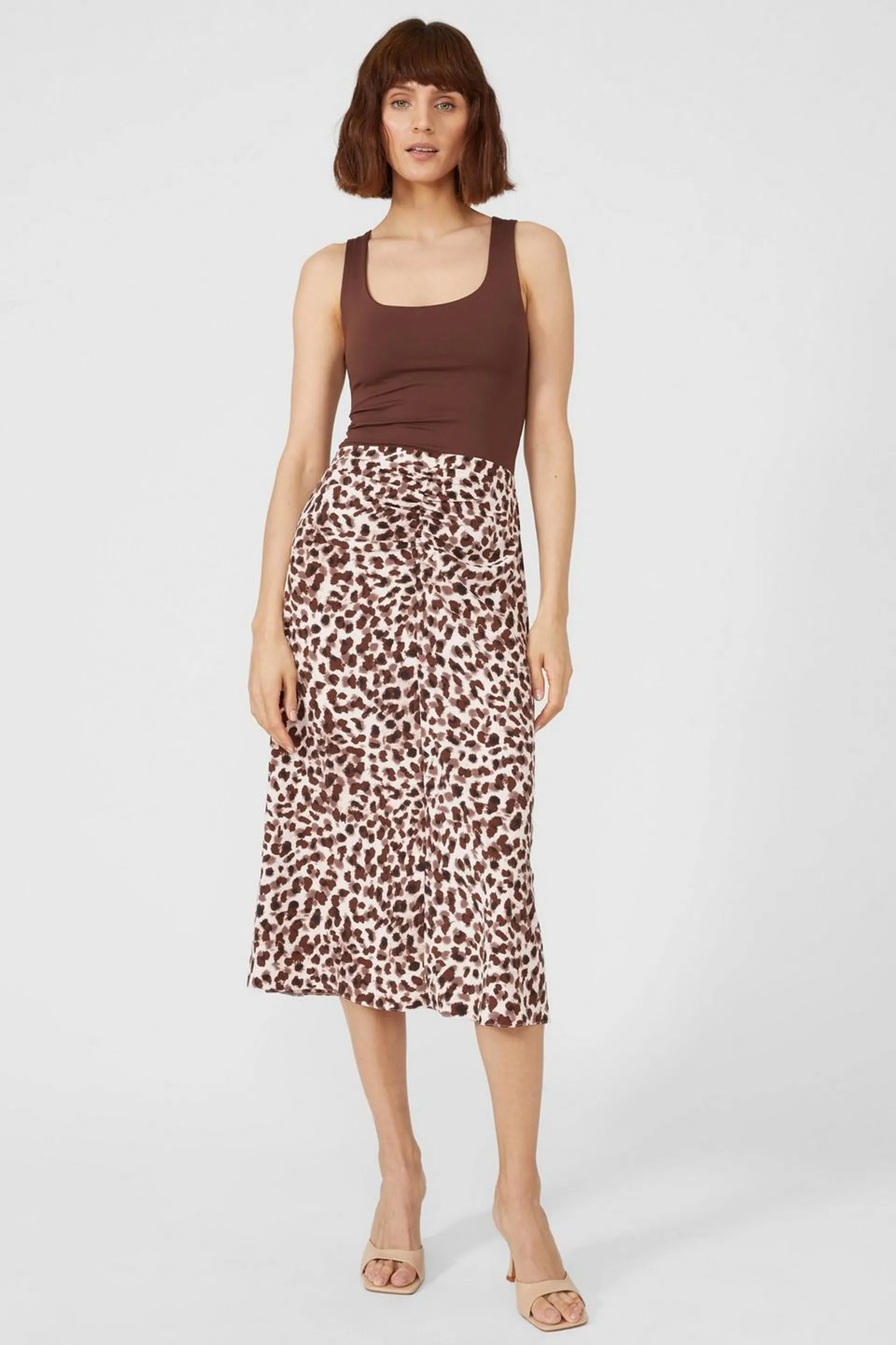 Animal Printed Ruched Front Midi Skirt