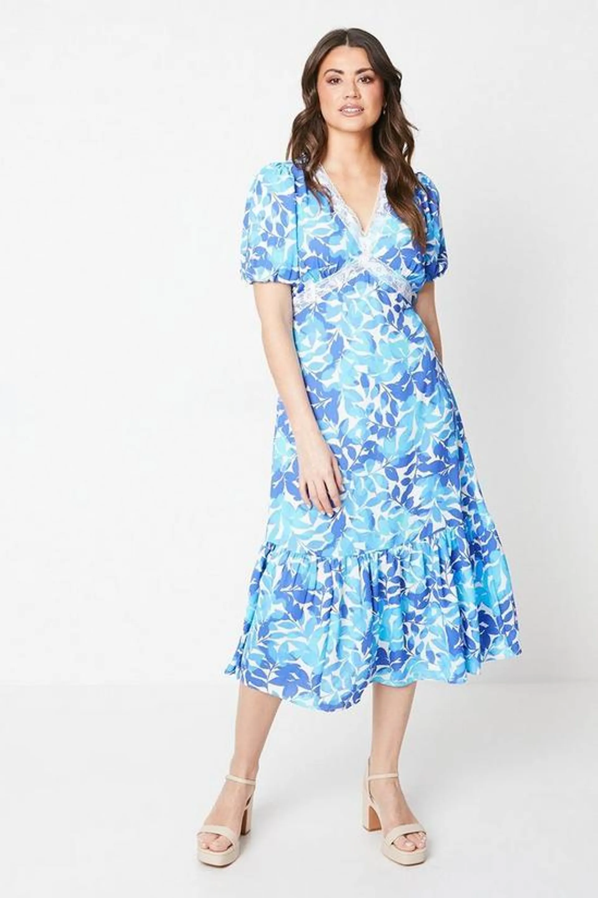 Printed Lace Trim Tier Hem Midi Tea Dress