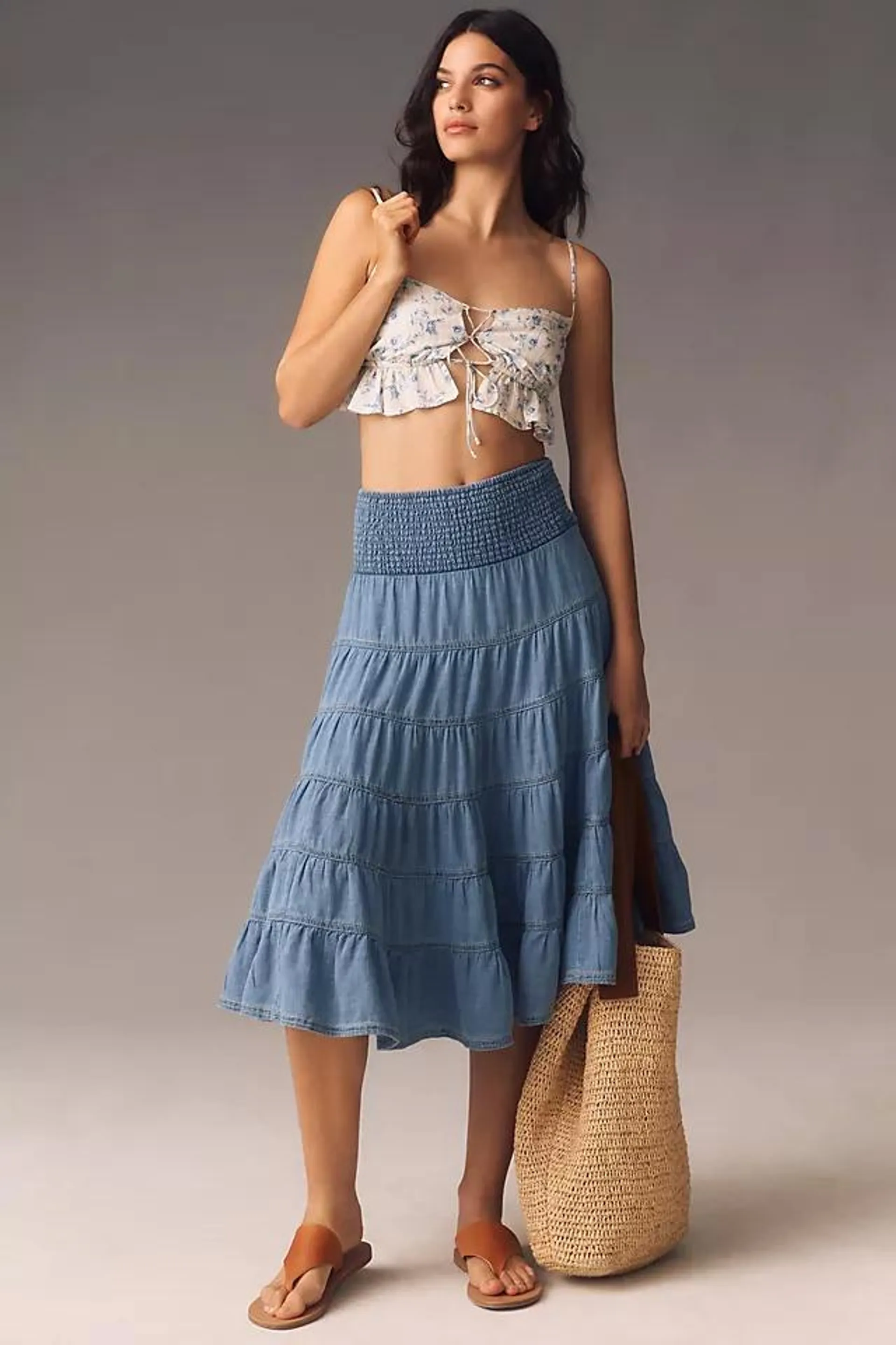 Pilcro Smocked Denim Midi Skirt