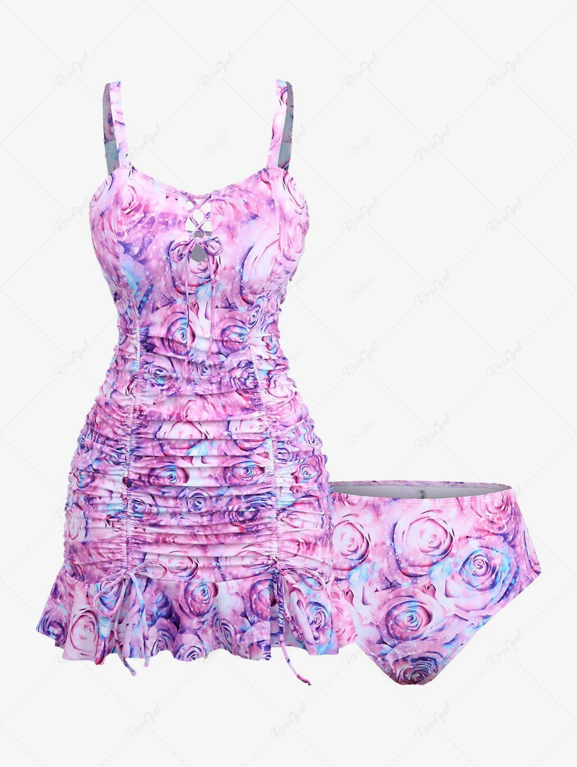 Plus Size Rose Flower Glitter 3D Print Lace Up Cinched Ruched Ruffles Tankini Set - 2x | Us 18-20