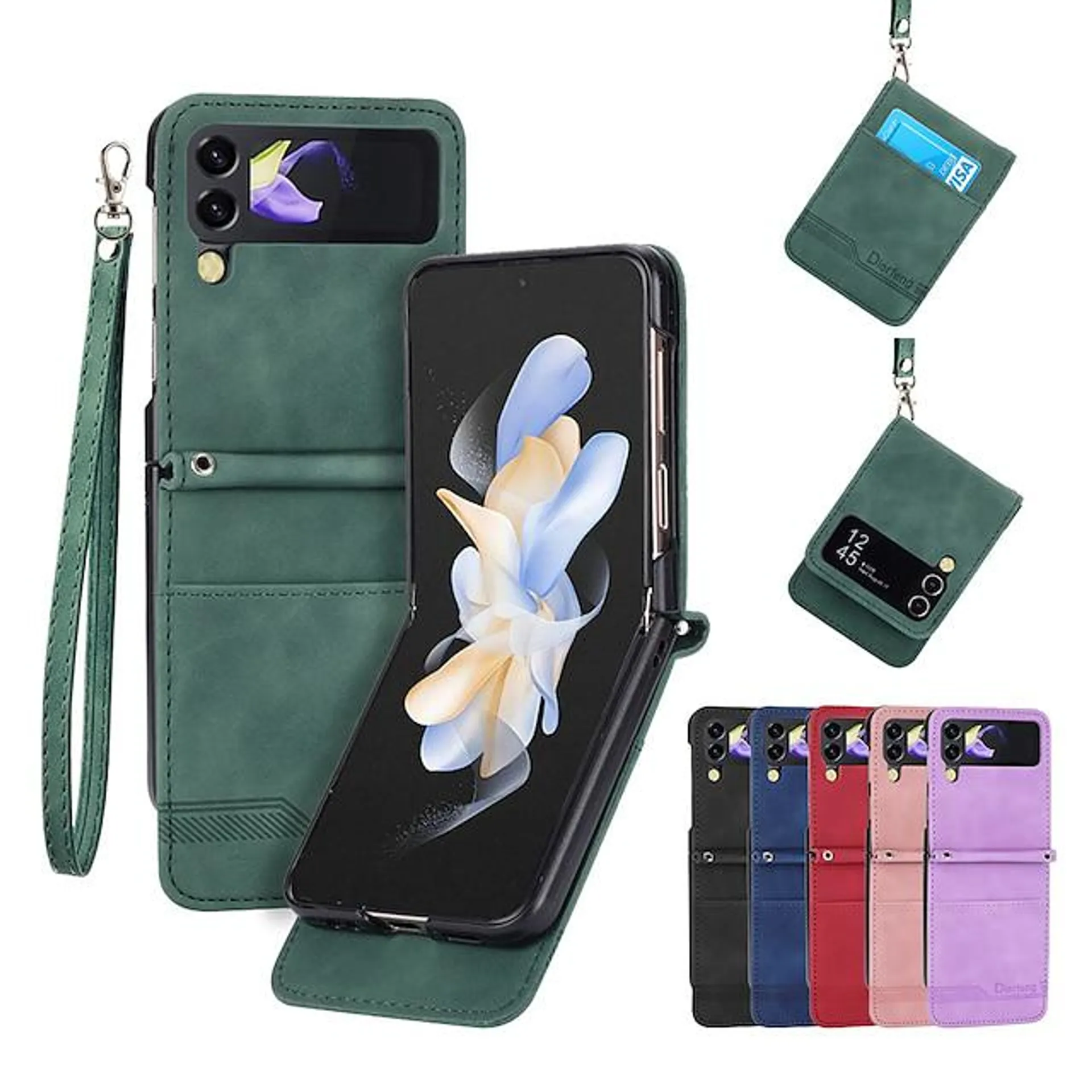 Phone Case For Samsung Galaxy Back Cover Z Flip 4 Z Flip 3 Flip with Wrist Strap With Card Holder Solid Colored PC PU Leather