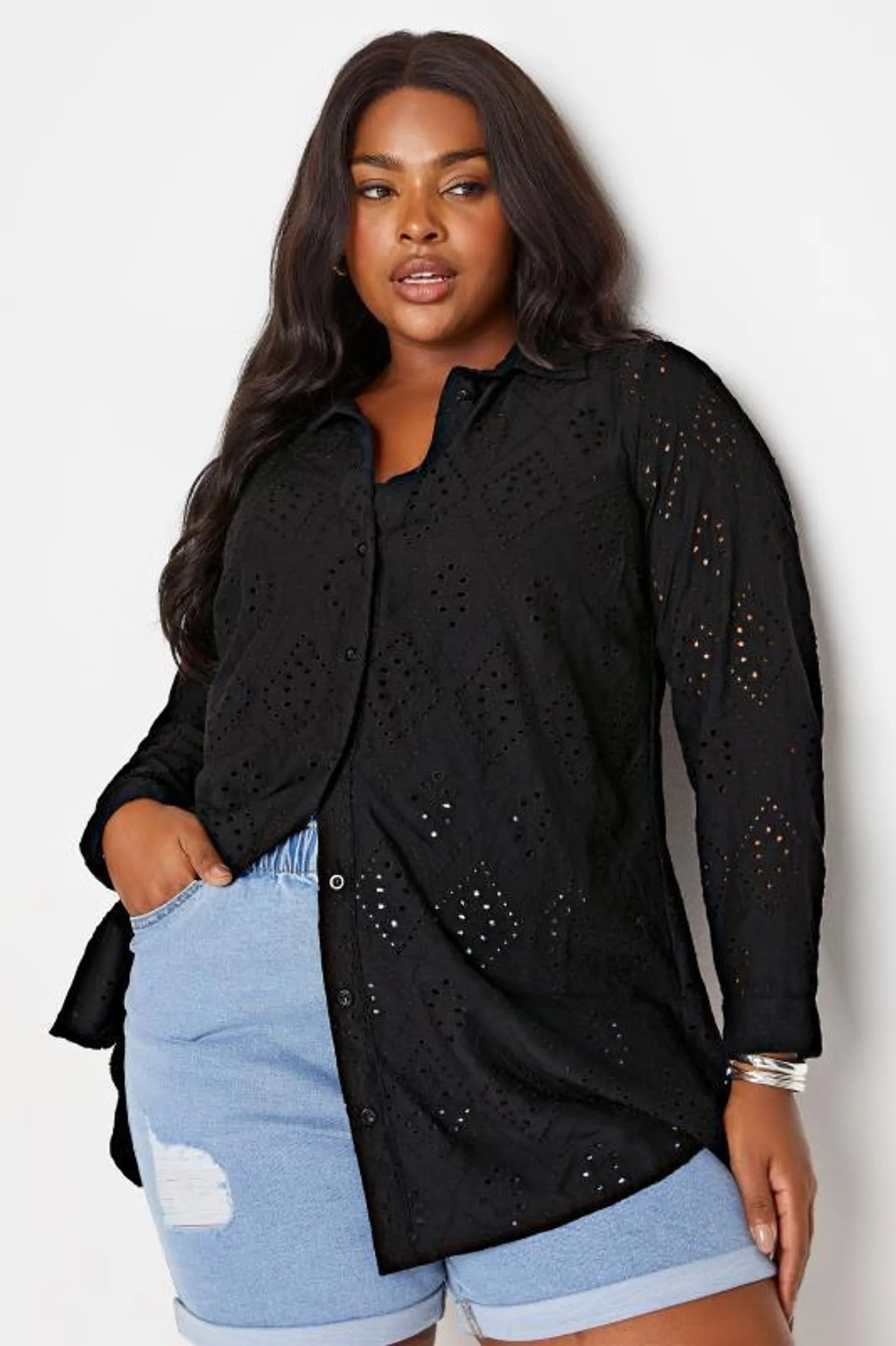 YOURS Curve Black Broderie Anglaise Shirt