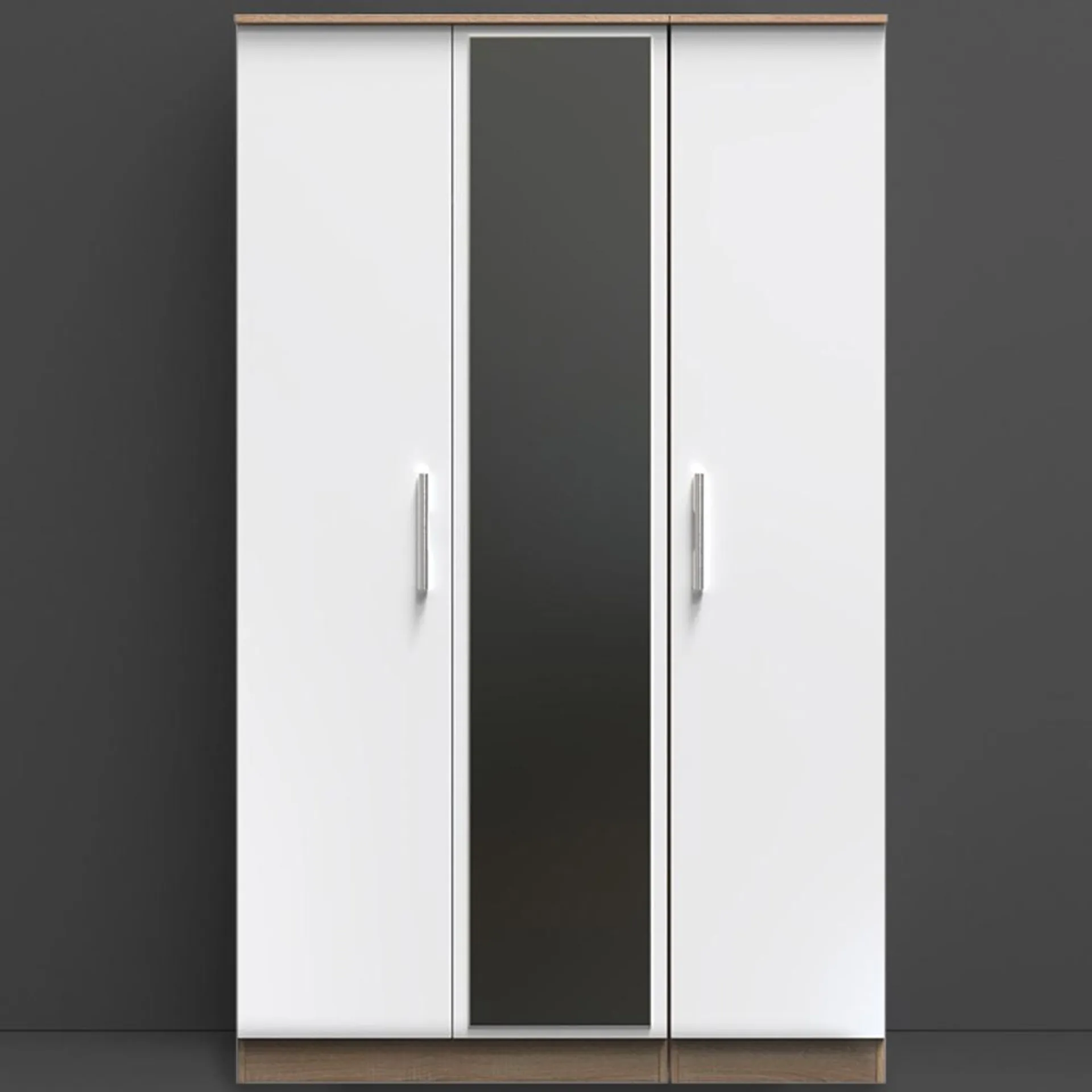 Crowndale Contrast Ready Assembled 3 Door Gloss White and Bardolino Oak Tall Mirrored Wardrobe