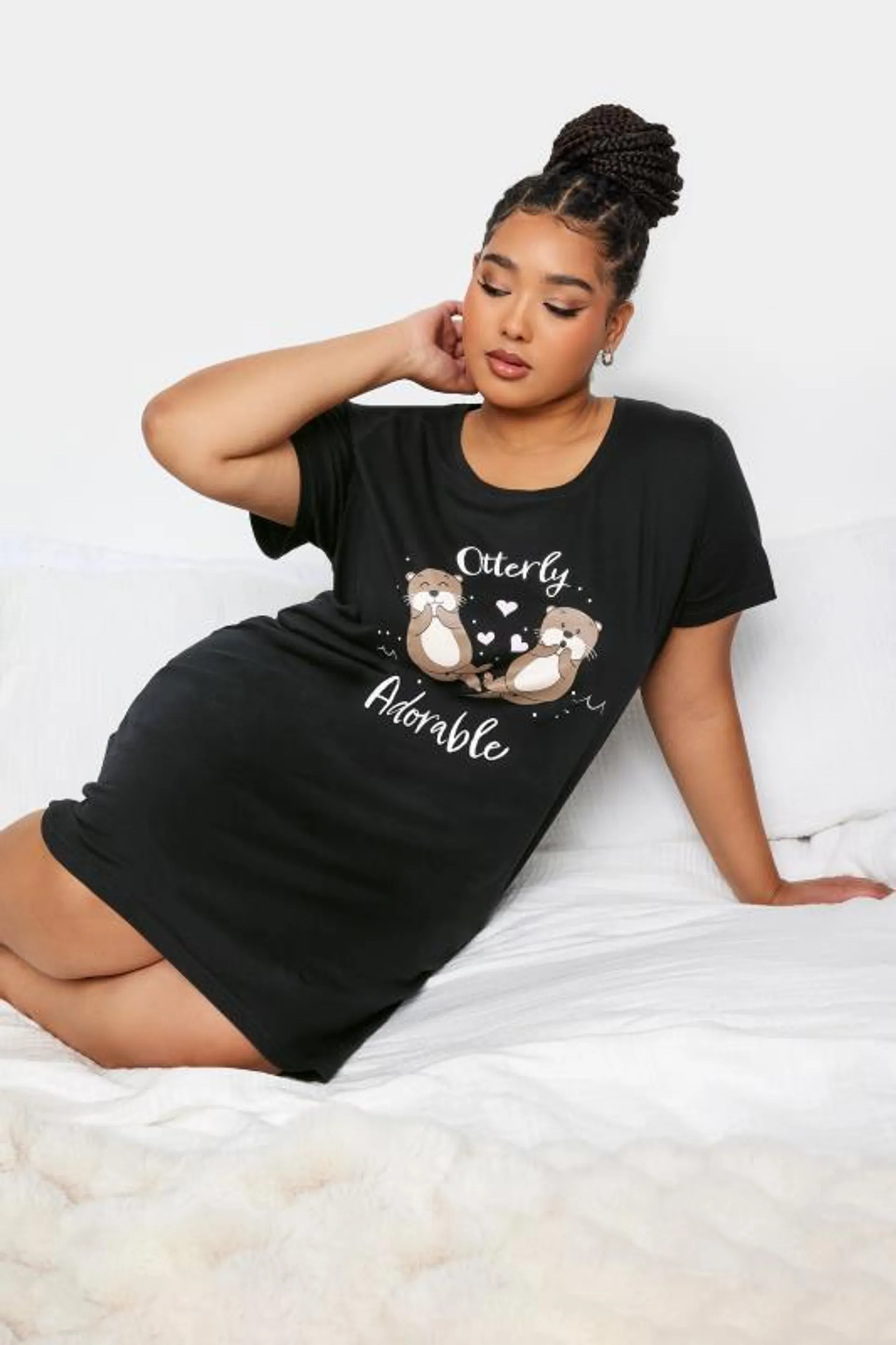 YOURS Curve Black 'Otterly Adorable' Slogan Print Nightdress