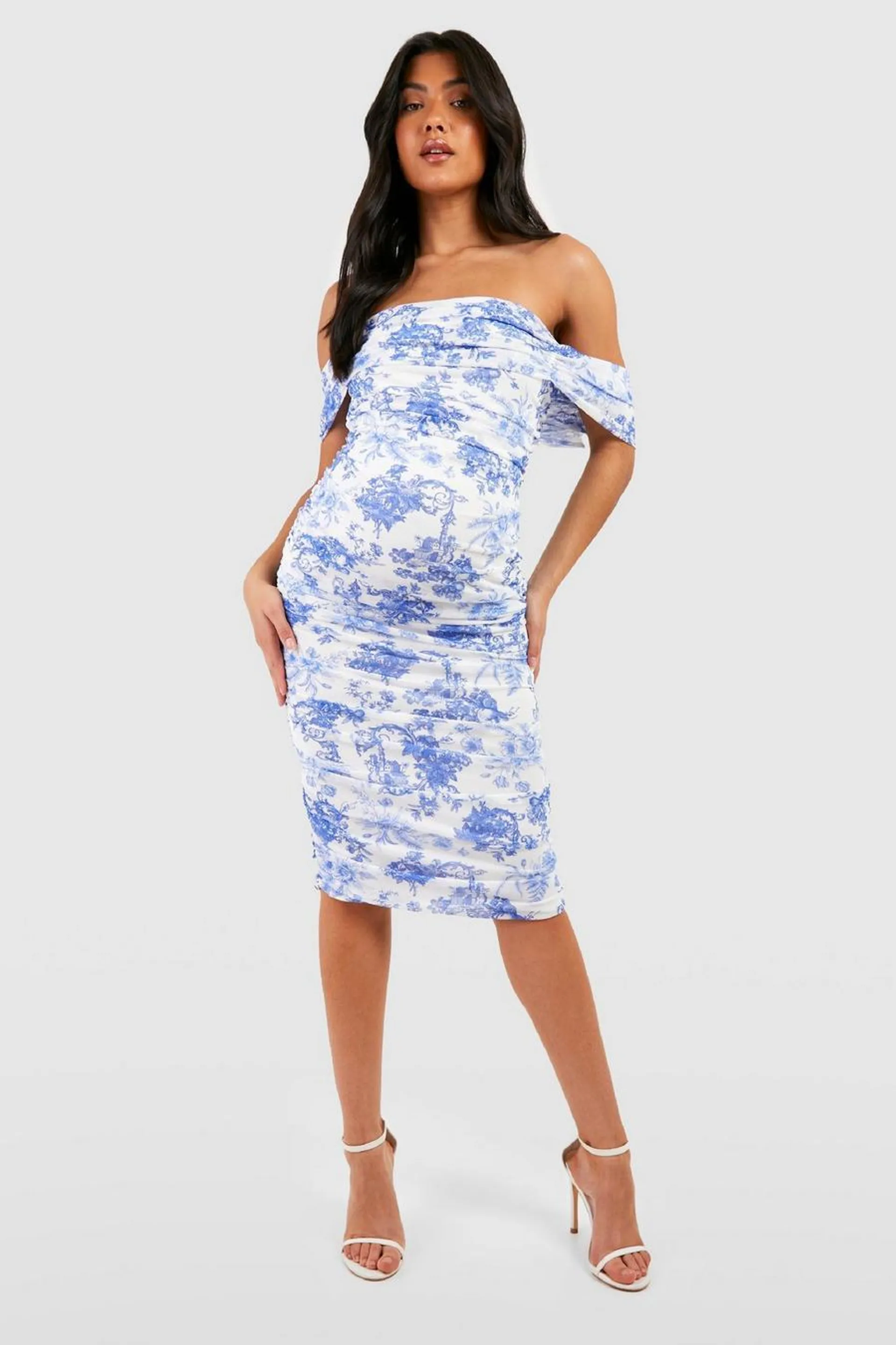 Maternity Porcelain Ruched Mesh Bardot Midi Dress