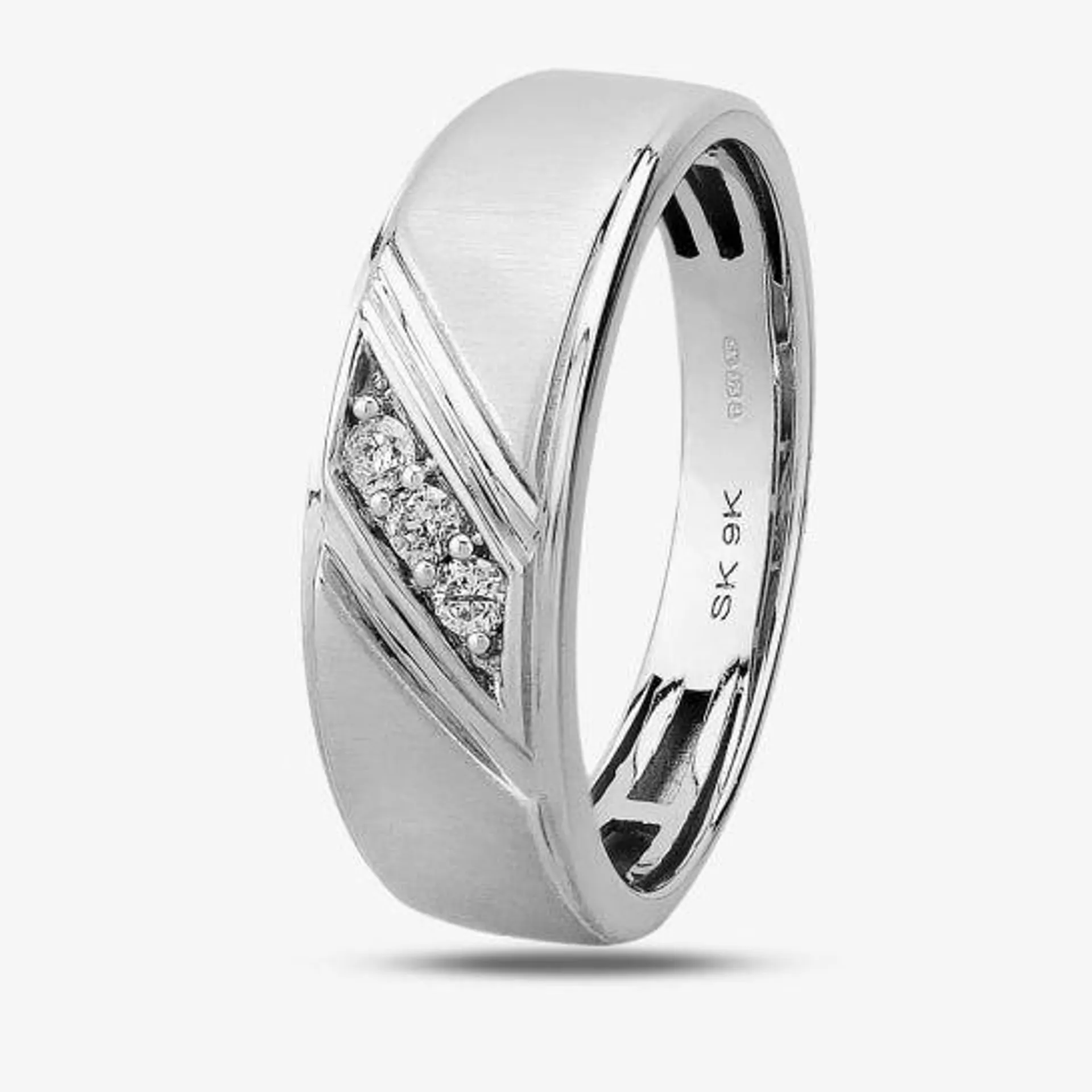 9ct White Gold Mens Matte And Polished Three Stone Diamond Wedding Ring THR19256-10 9Kw