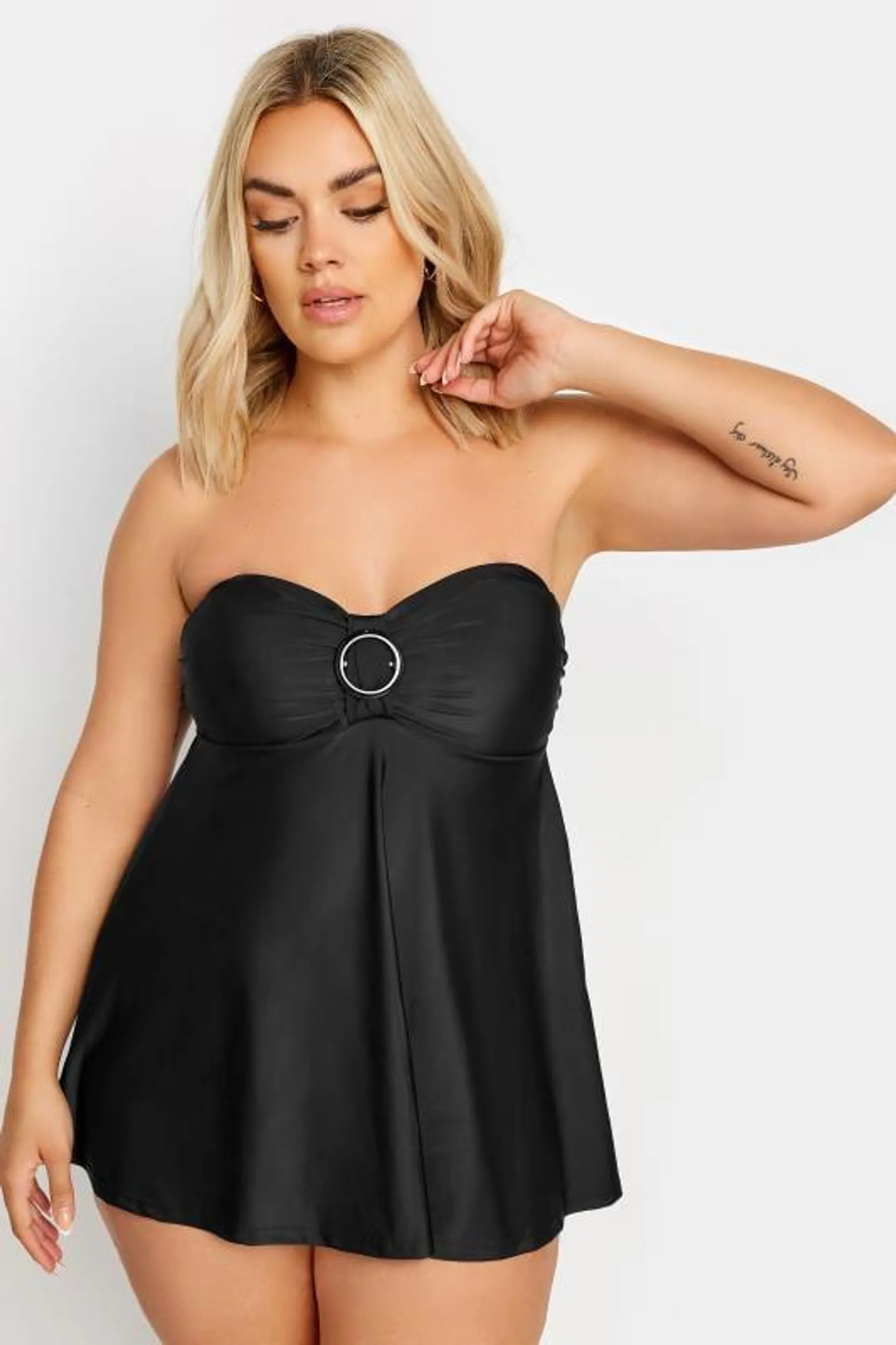 YOURS Curve Black Buckle Front Tummy Control Swim Dress