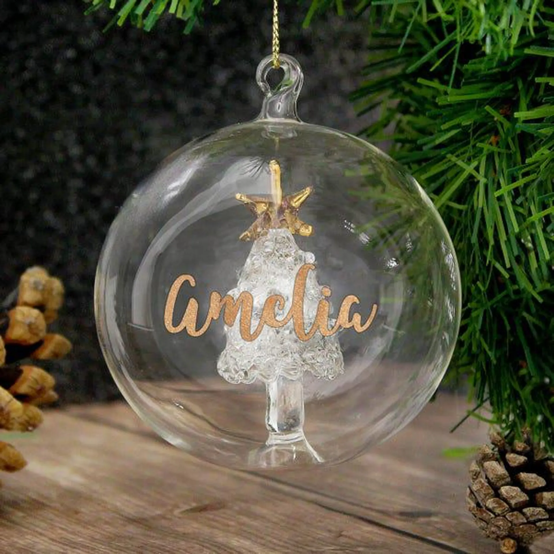 Personalised Name Tree Glass Bauble Gold