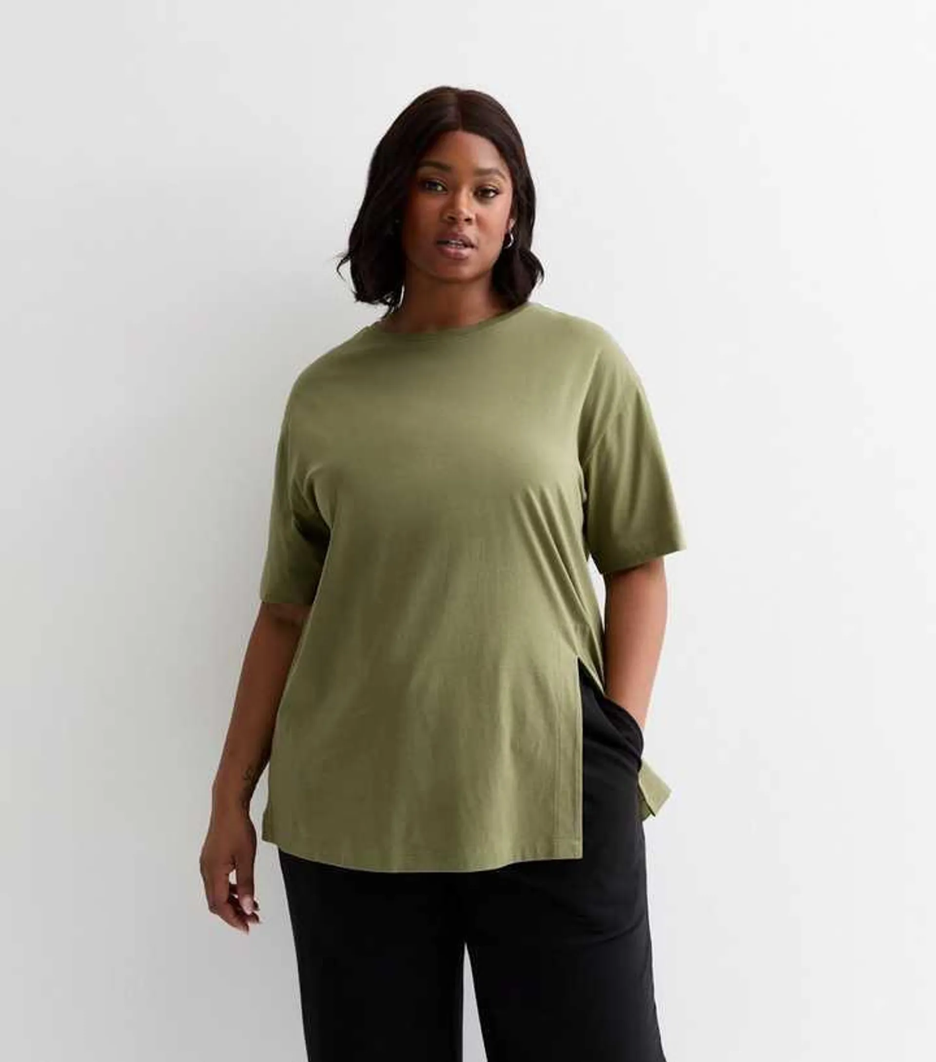 Curves Khaki Cotton Split Hem T-Shirt