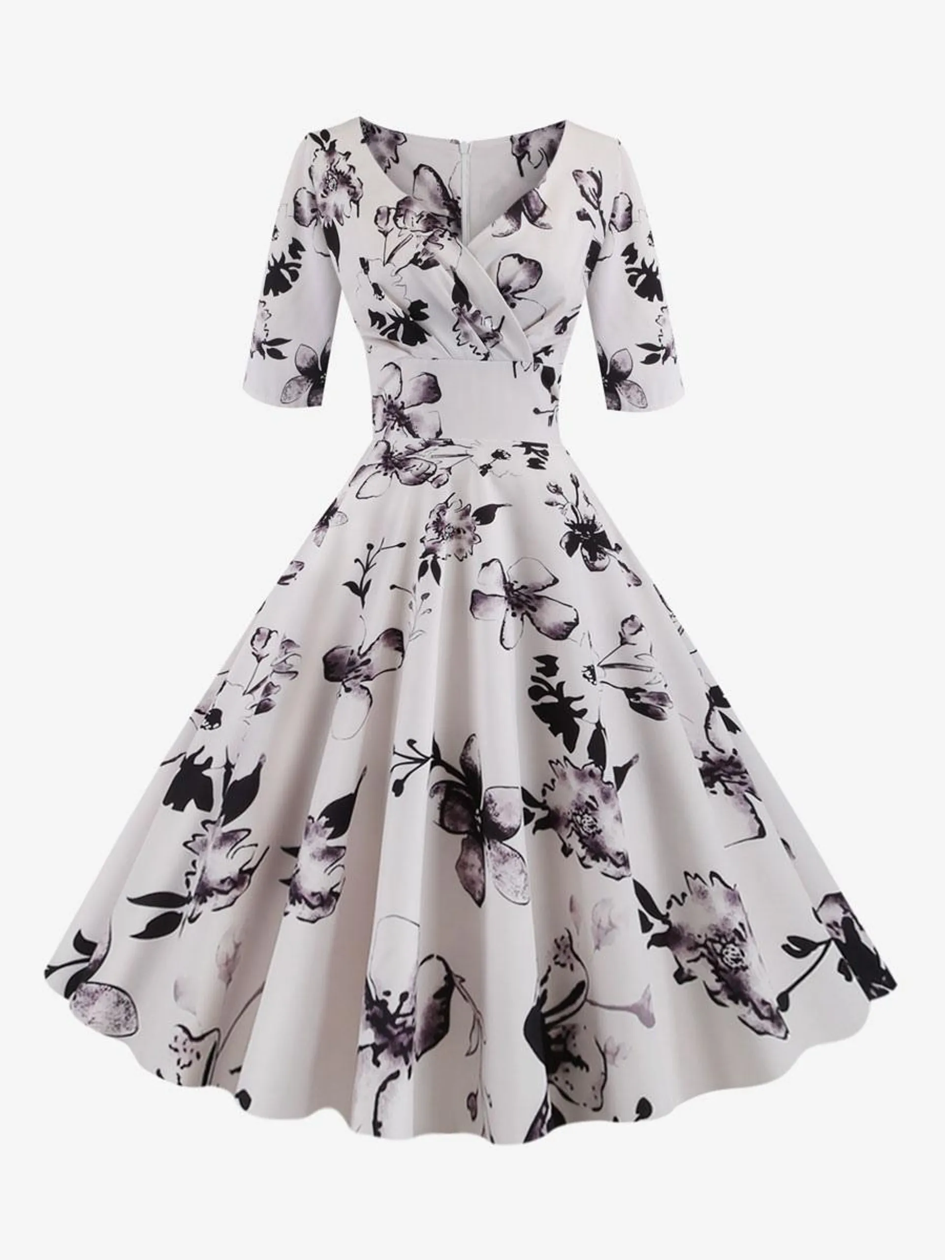 Vintage Dress Black 1950s Audrey Hepburn Style Floral Print Layered Half Sleeves Sweetheart Neck Medium Rockabilly Dress