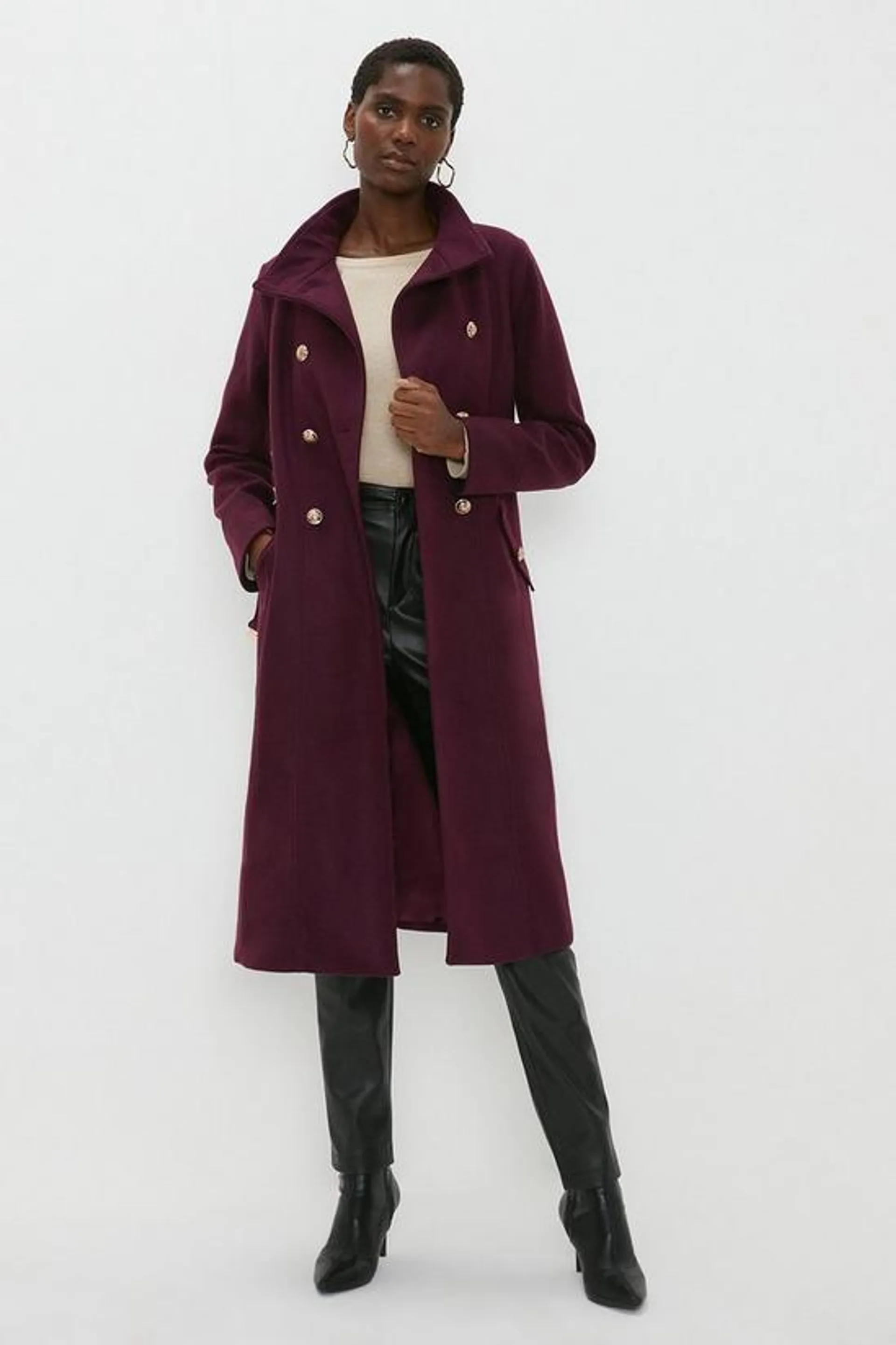 Belted Funnel Neck Military Coat