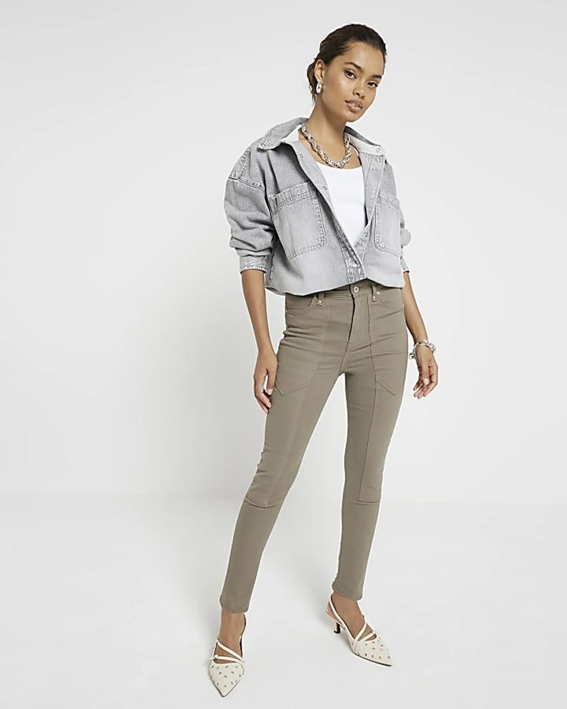 Petite khaki high waisted skinny jeans