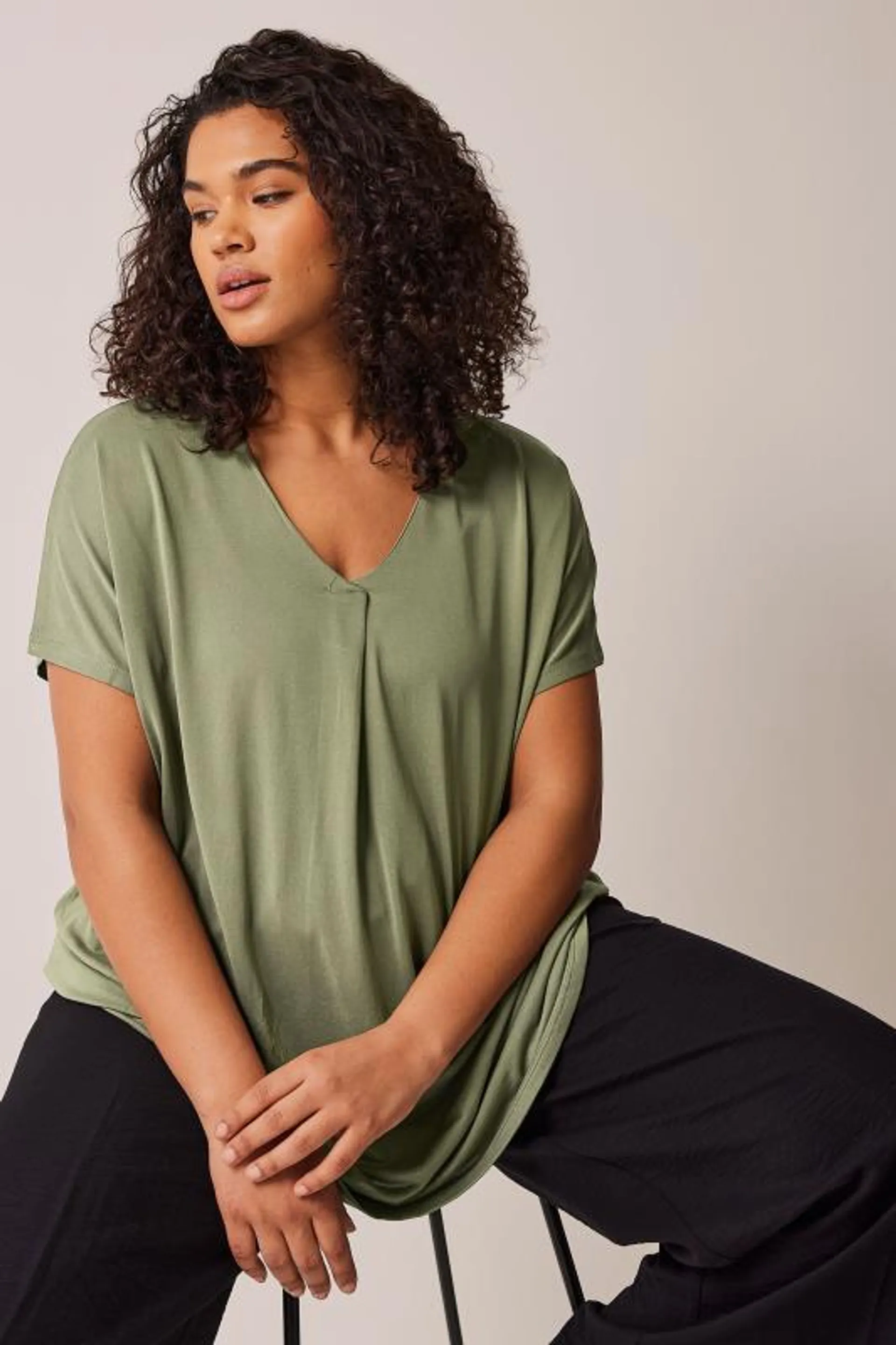 EVANS Curve Khaki Green Pleat Front Modal Rich Top