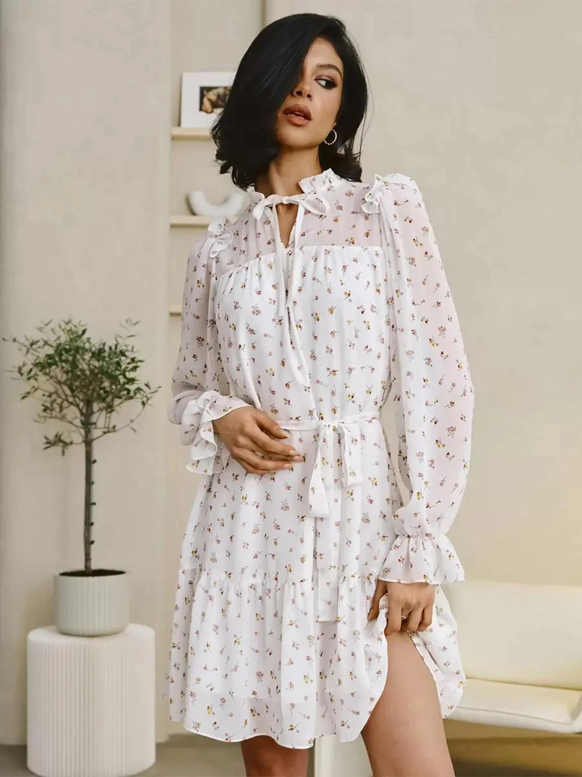 Floral Dress Midi Dress Floral Print Long Sleeves Embellished Collar Chic Oversized Lace Up No Open Seam Long Fall