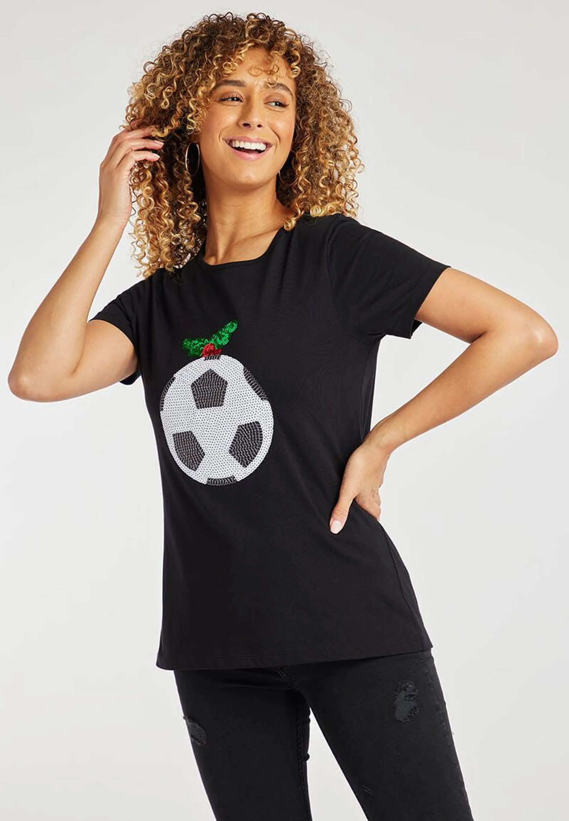 Womens Black Football Pudding Christmas T-Shirt