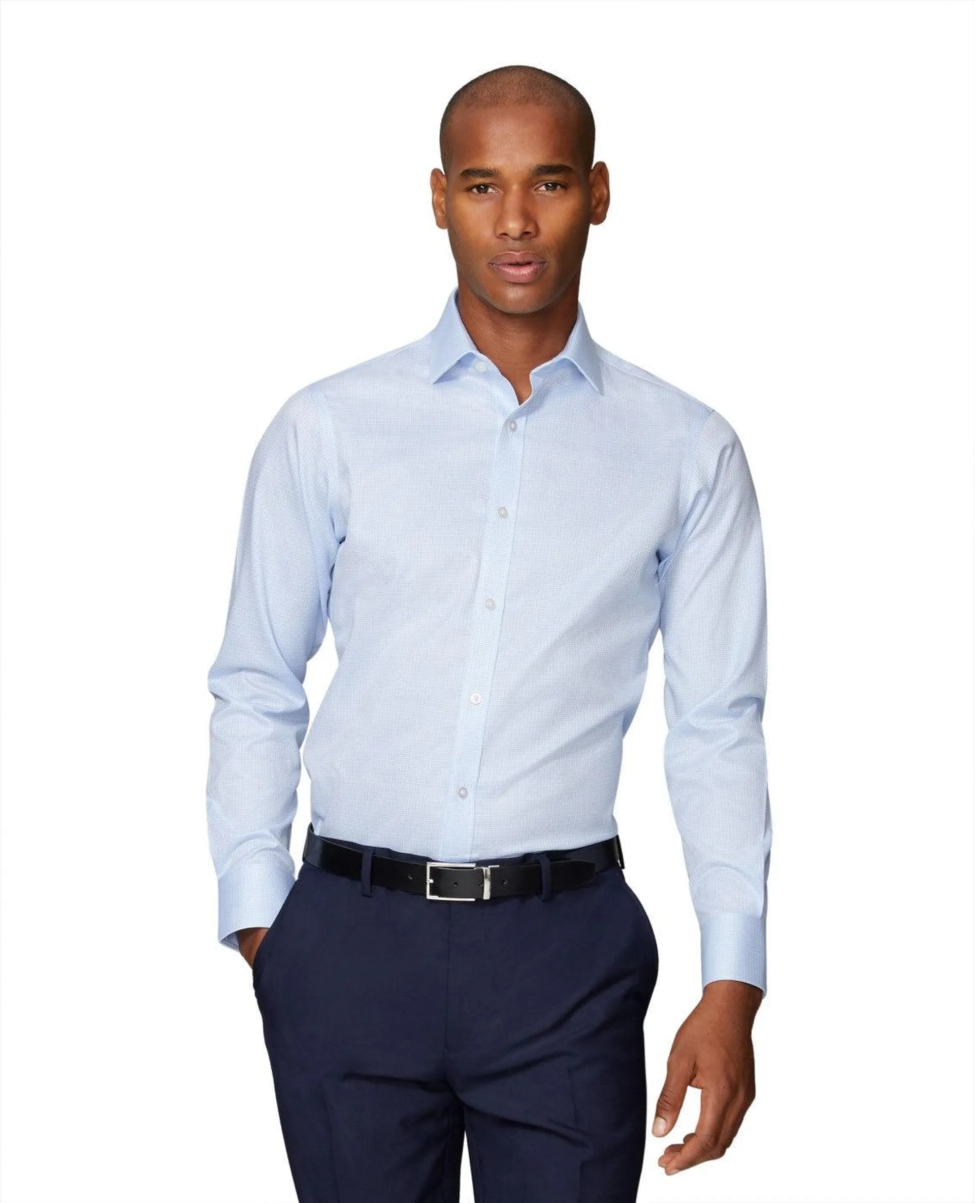 Non-Iron Fitted Blue Geo Square Single Cuff Shirt