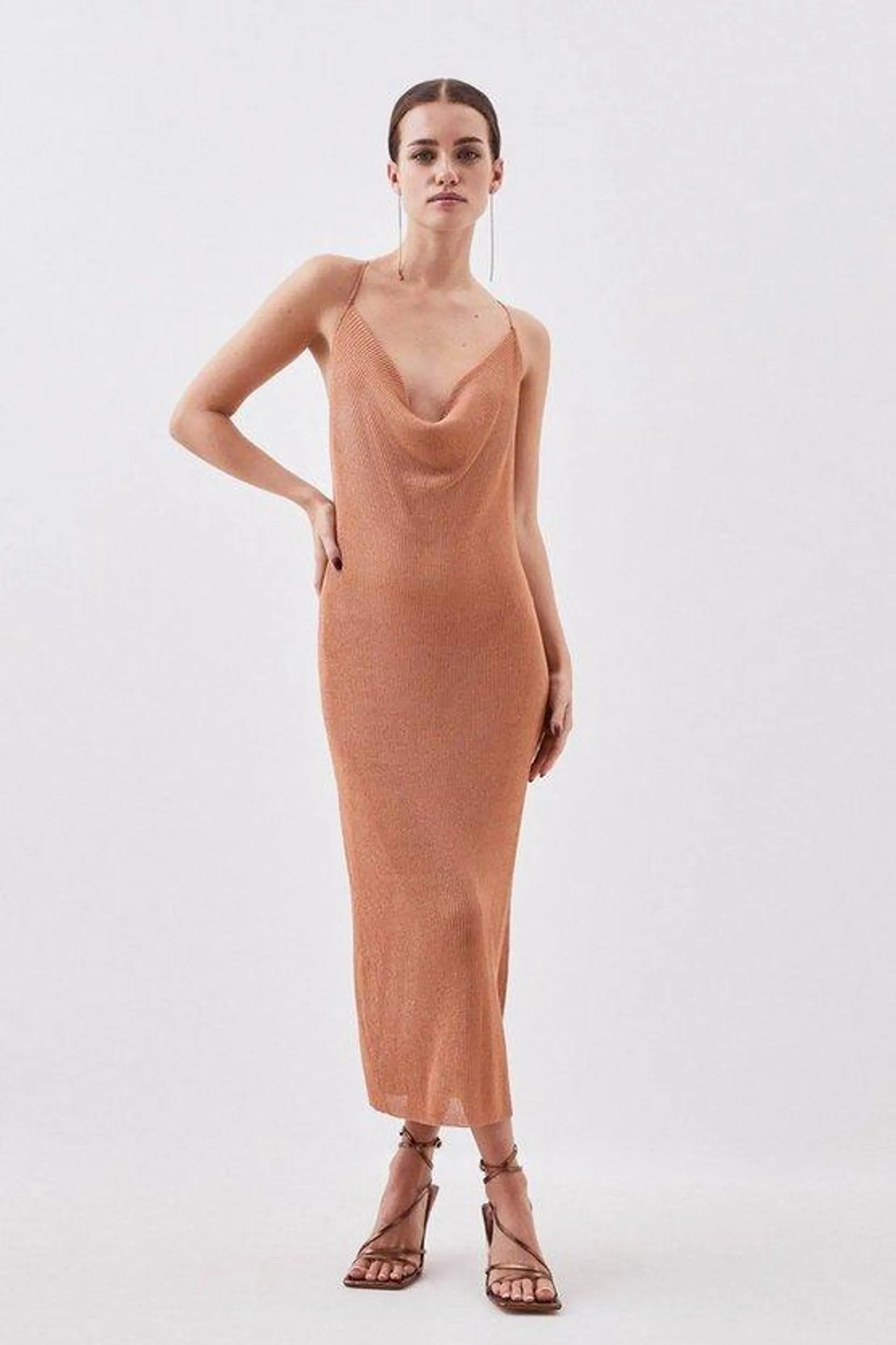 Petite Metallic Sparkle Cowl Neck Knit Midi Dress