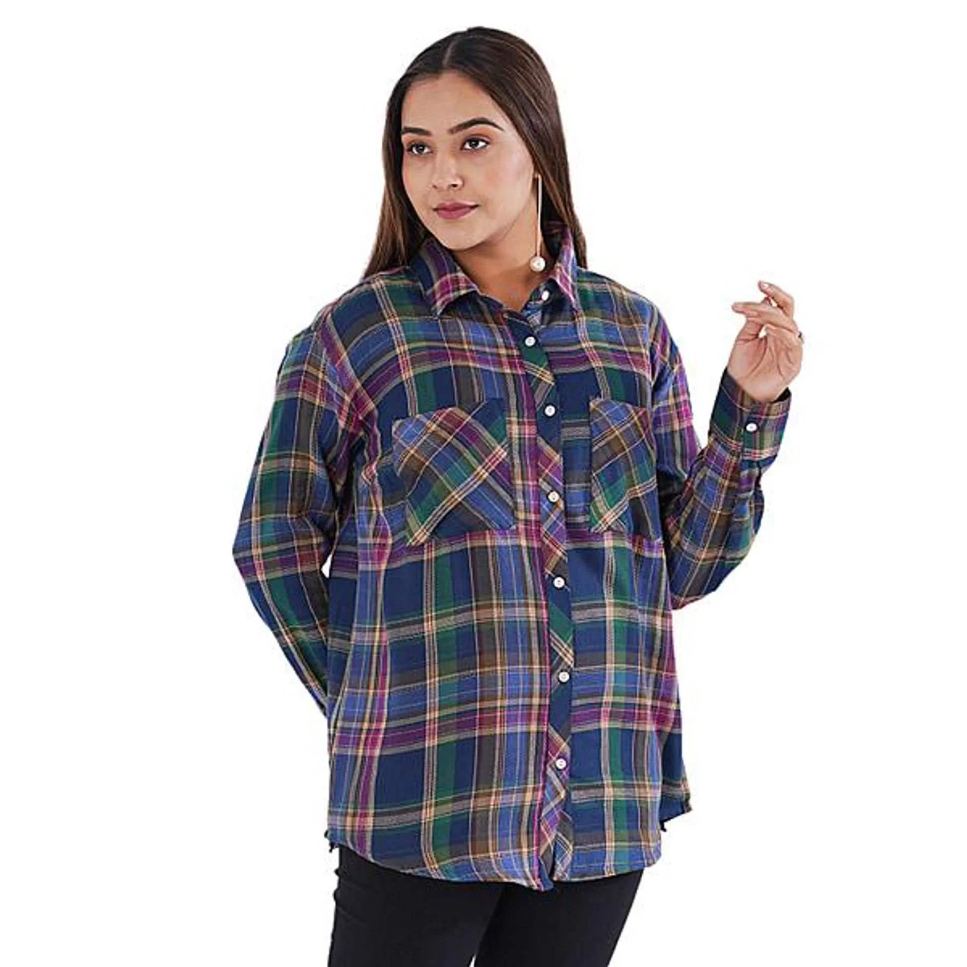 TAMSY Collared Neck Check Pattern Women's Shirt - Blue