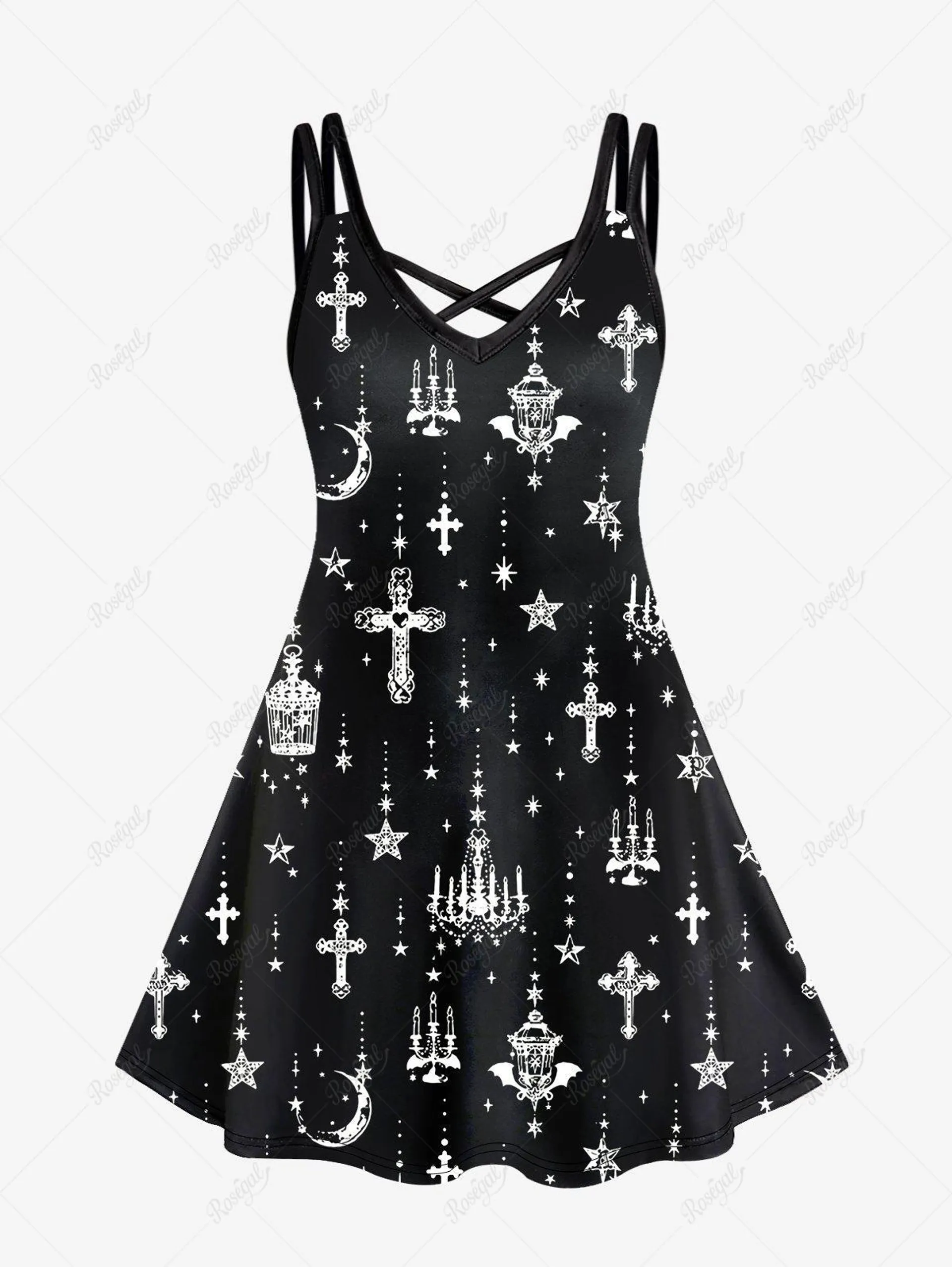 Gothic Cross Print Crisscross Sleeveless Dress - 5x | Us 30-32