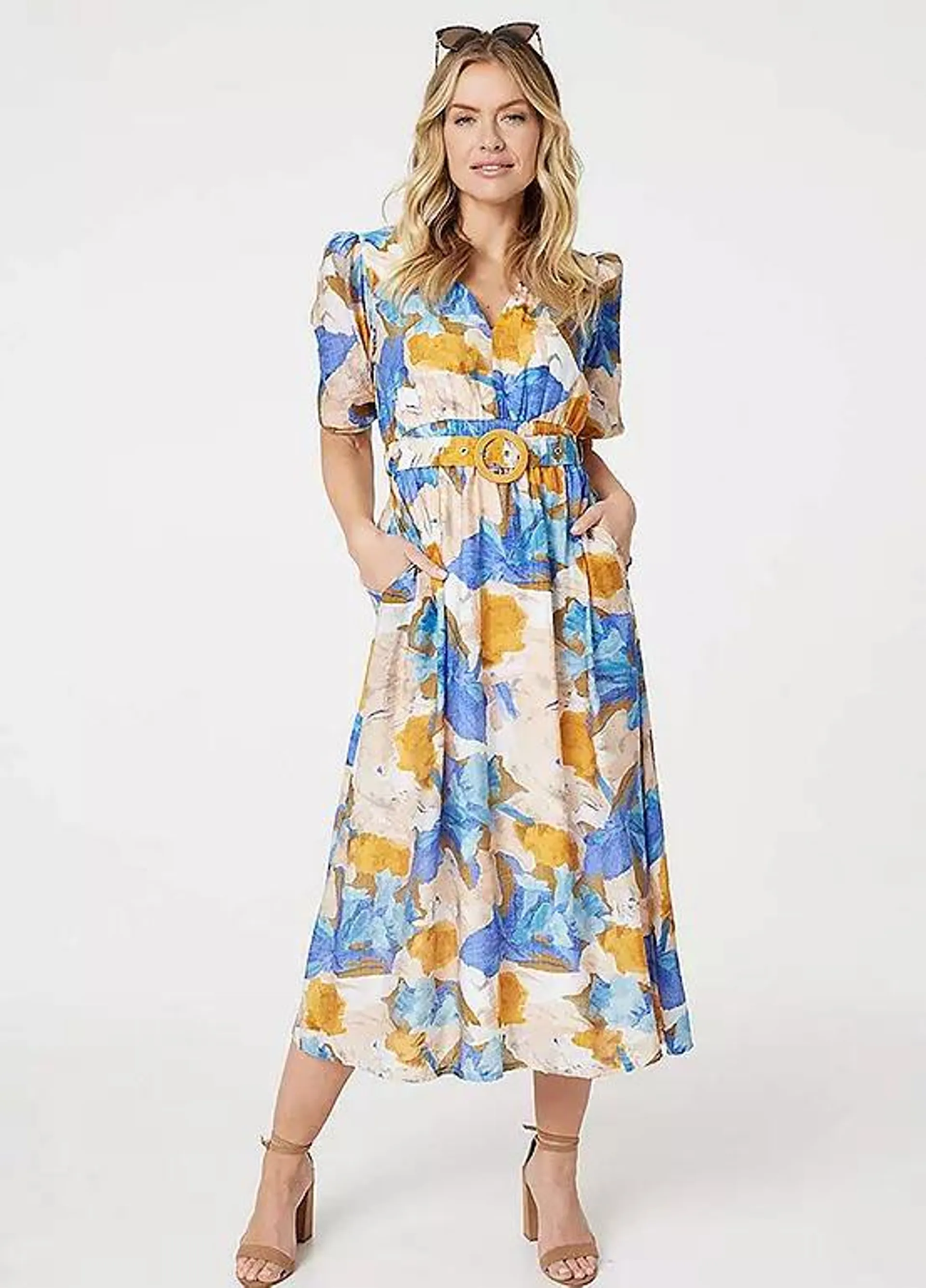 Izabel London Multi Blue Printed Short Sleeve Belted Midi Dress