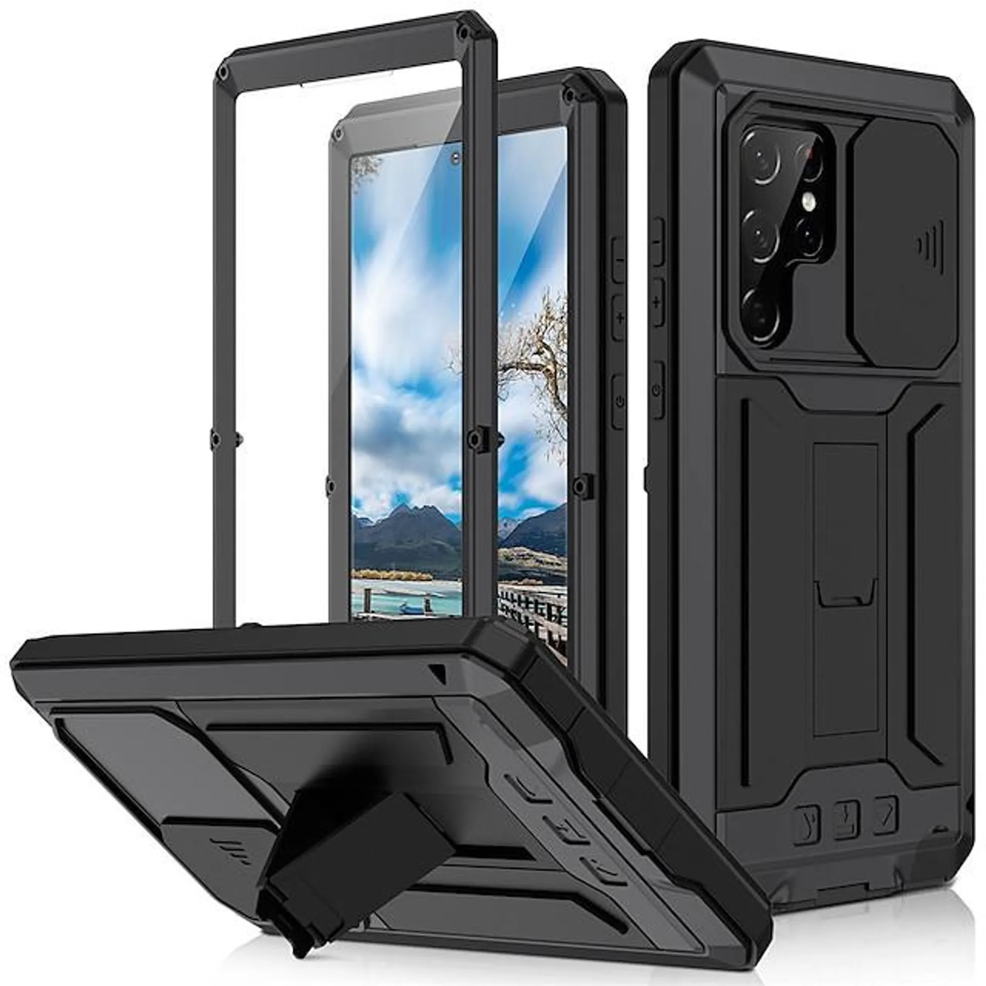 Phone Case For Samsung Galaxy Heavy Duty S23 S22 Plus Ultra Dustproof Four Corners Drop Resistance Kickstand Geometric Pattern Metal
