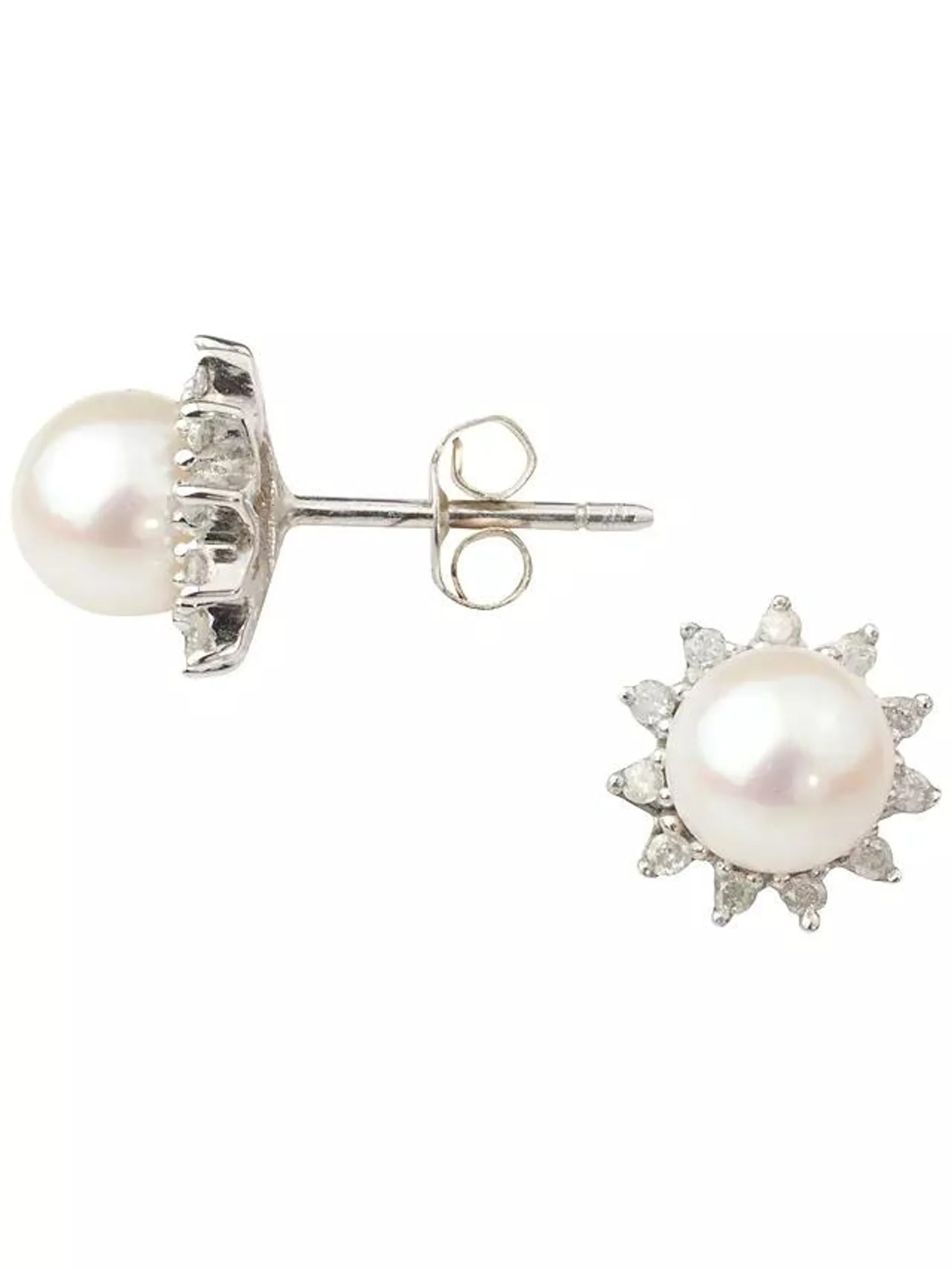 9ct White Gold And Diamond Cultured Pearl Stud Earrings