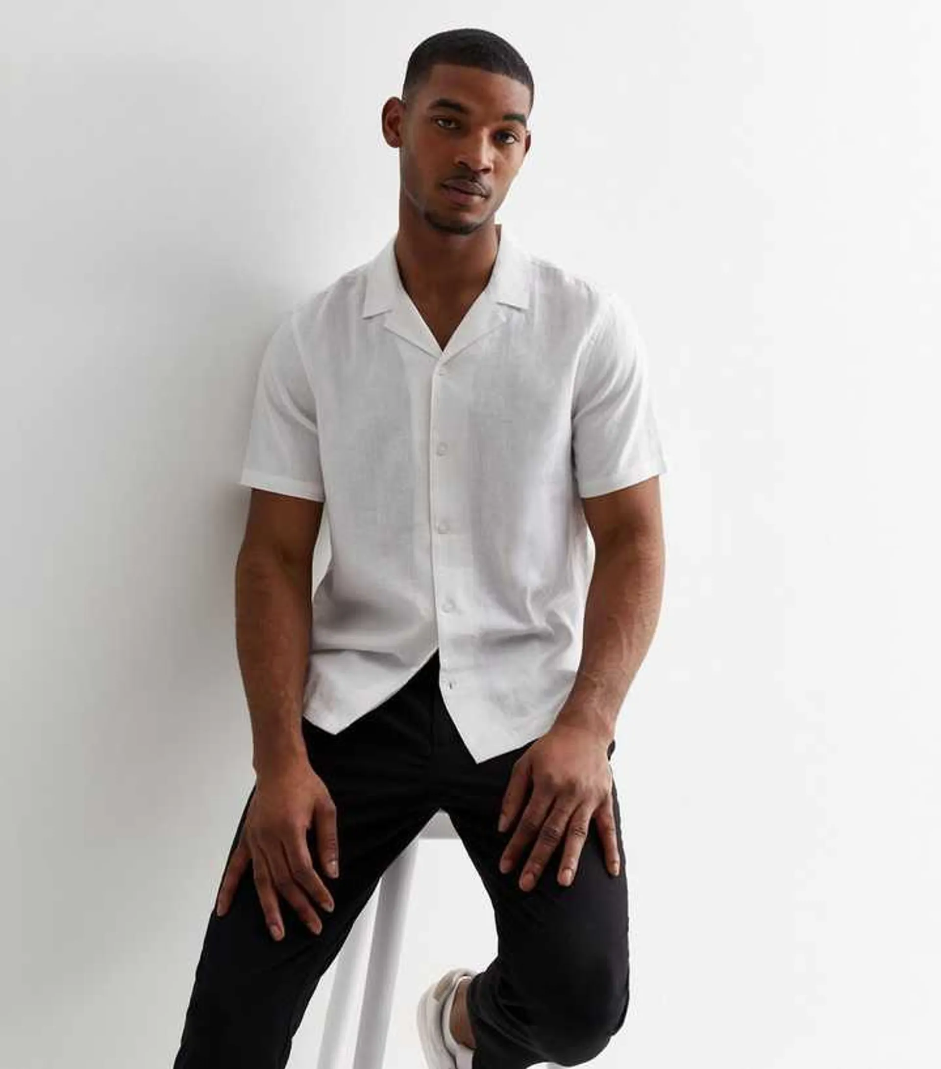 White Linen Blend Short Sleeve Shirt