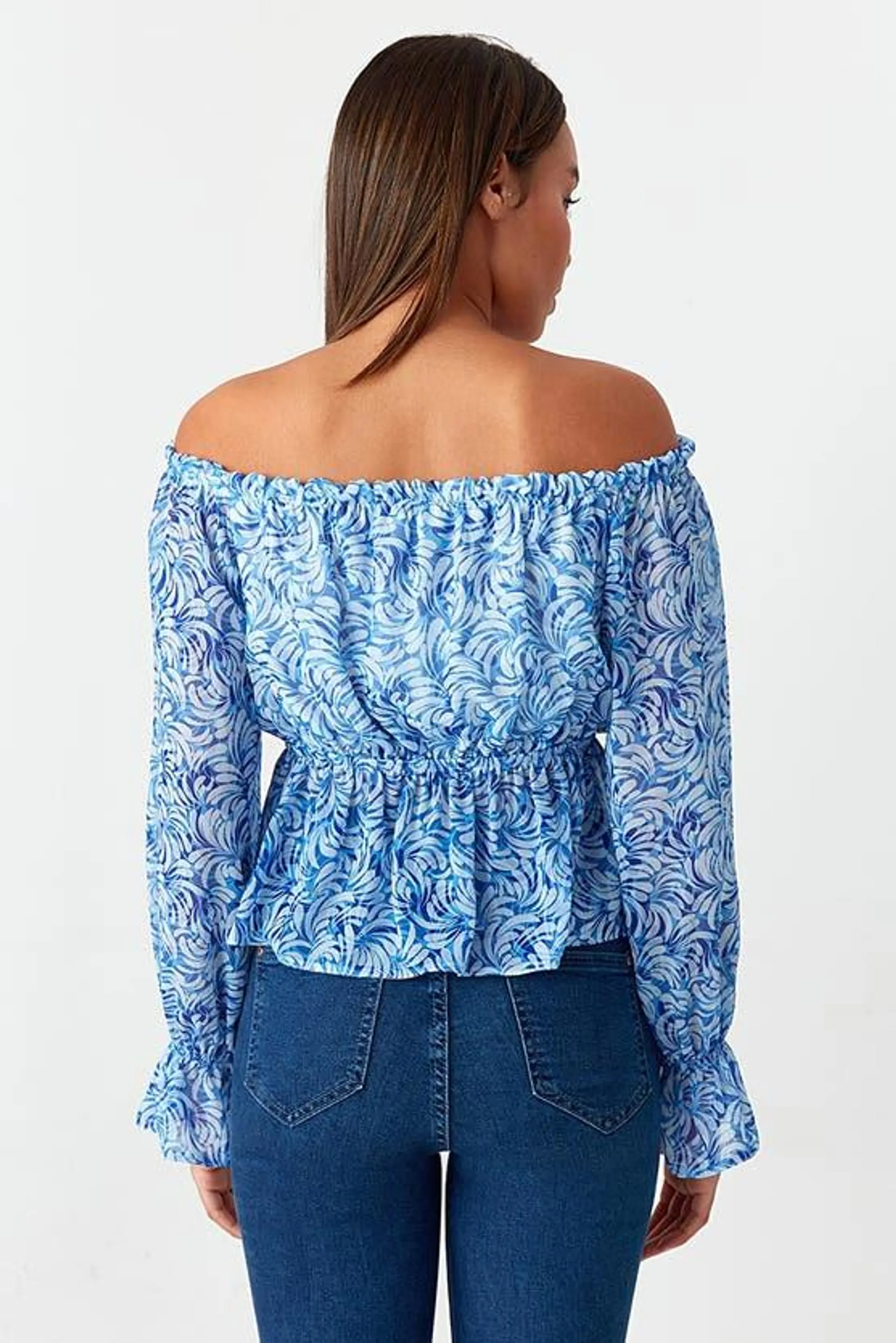 BLUE PRINTED BARDOT BLOUSE