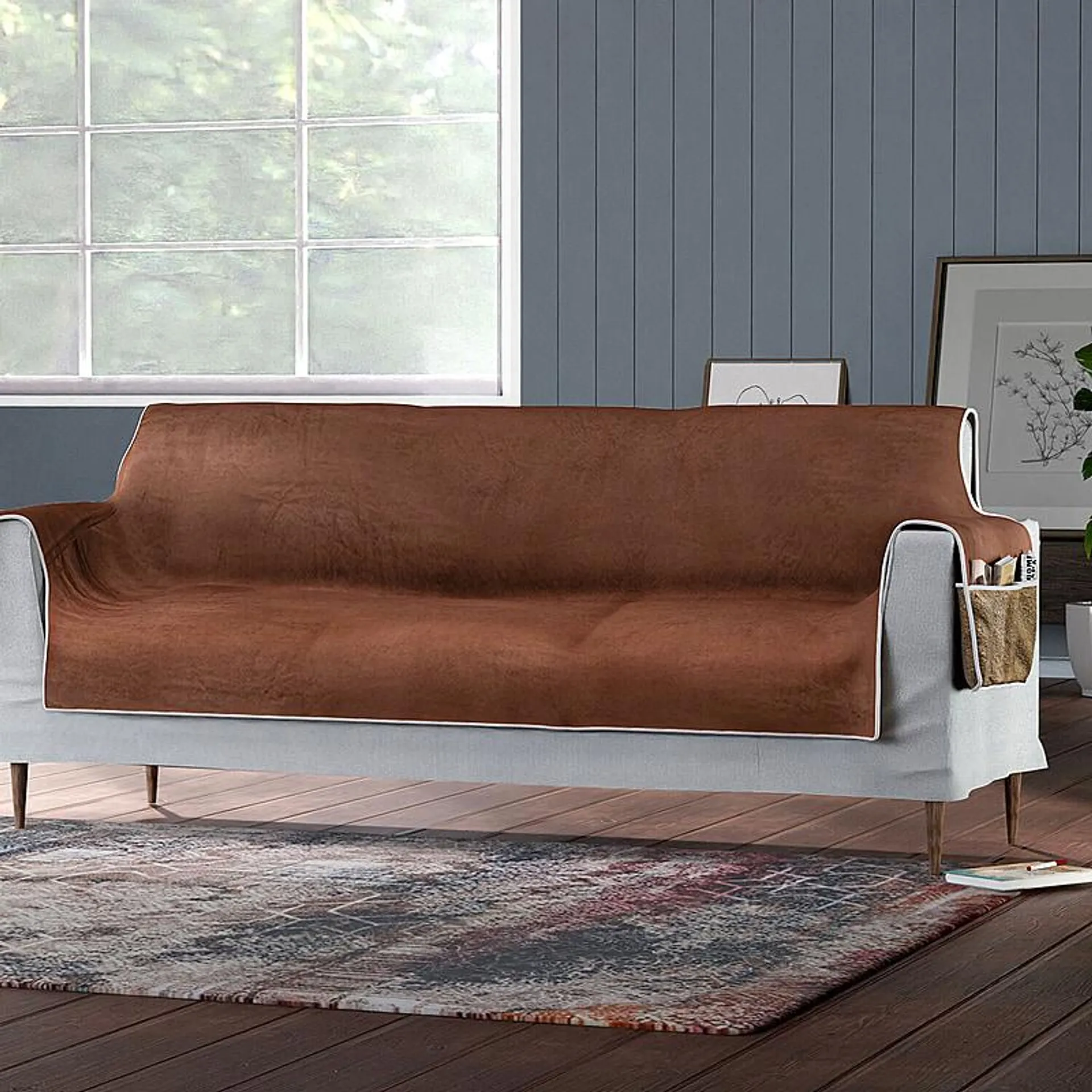 Refresh Your Sofa Reversible Suede-Sherpa Sofa Cover with 6 Pockets 3 Seater (Size 323x213 Cm) - Brown & Light Brown