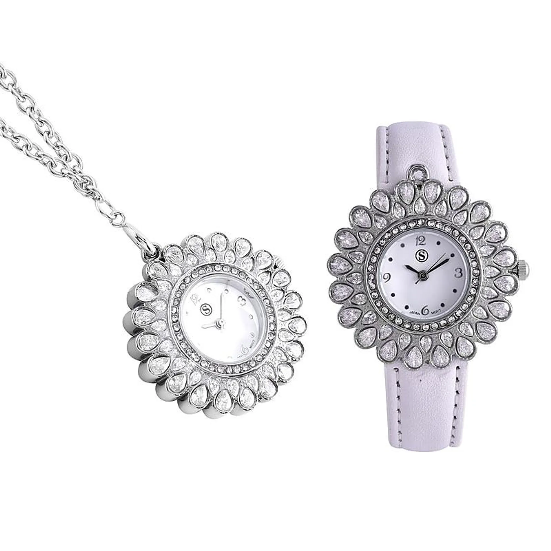 2 Piece Set - STRADA Japanese Movement Floral Design Water Resistant Watch with White Colour Strap and Pendant with Chain (Size 28)