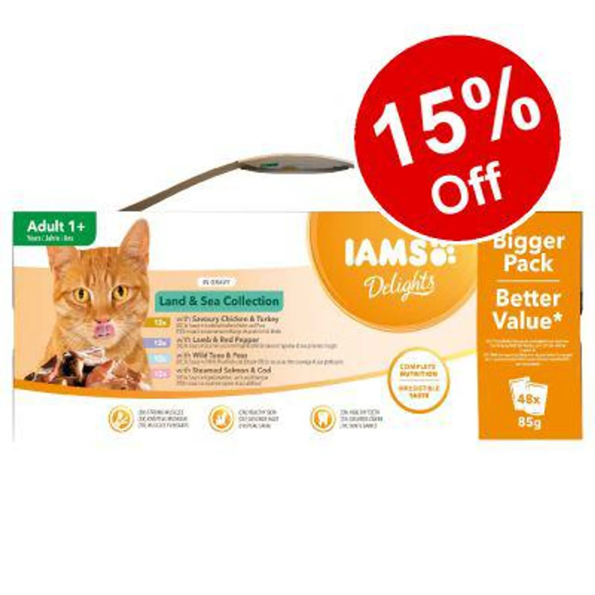 48 x 85g IAMS Delights Wet Cat Food – 15% Off!*