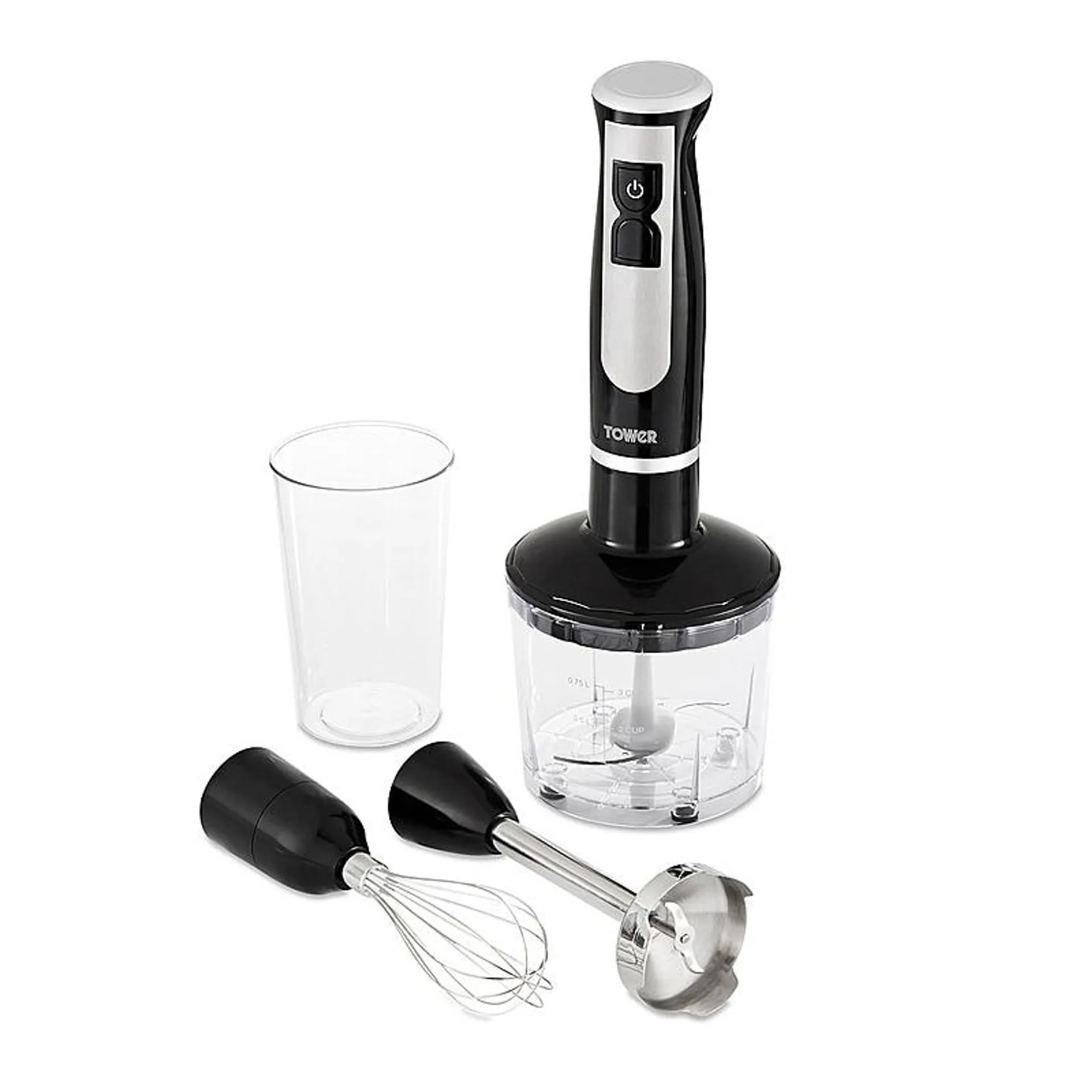 Tower - 4 in 1 Hand Blender-Chopper-Whisk with Stainless Steel Blades 600W - Black