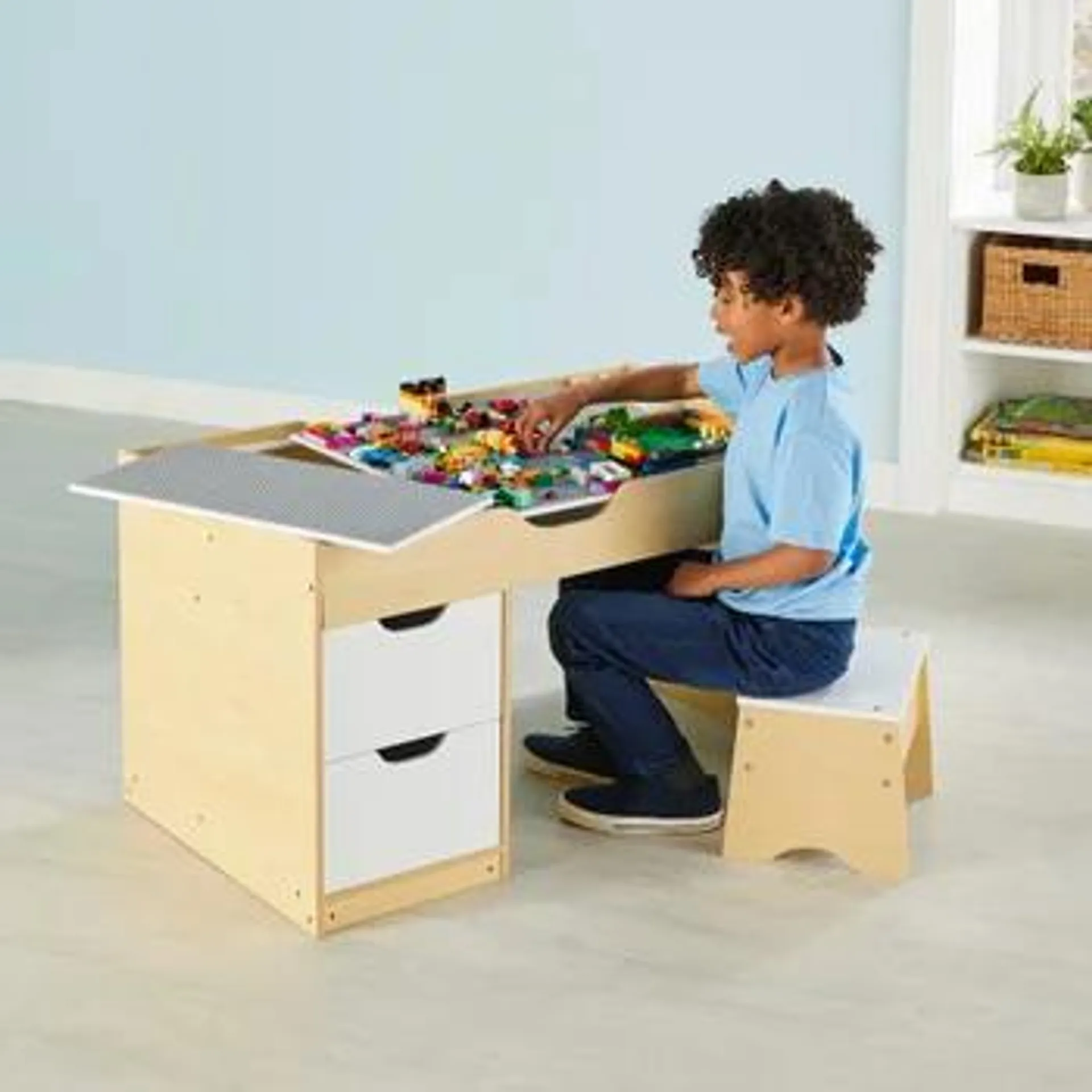 Build 'n' Store Wooden Storage Table Desk & Stool