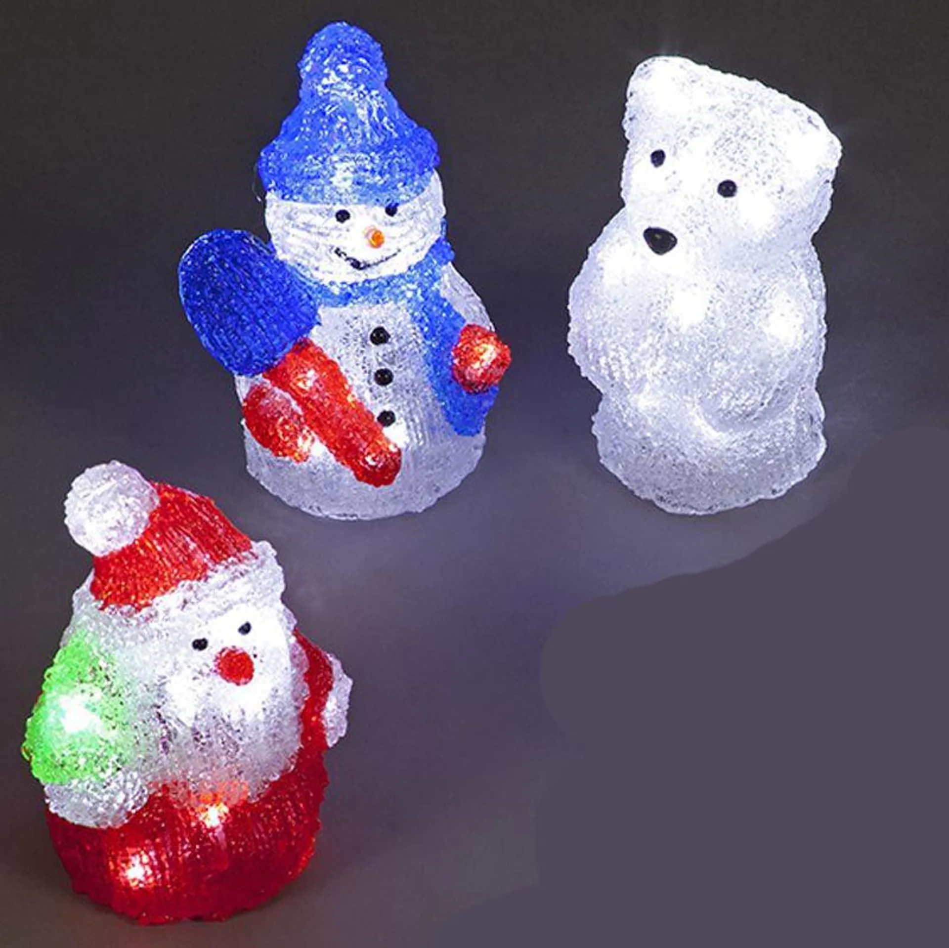 Set of 3 17cm Christmas acrylic figures - Santa, Snowman, Polar bear with LEDs