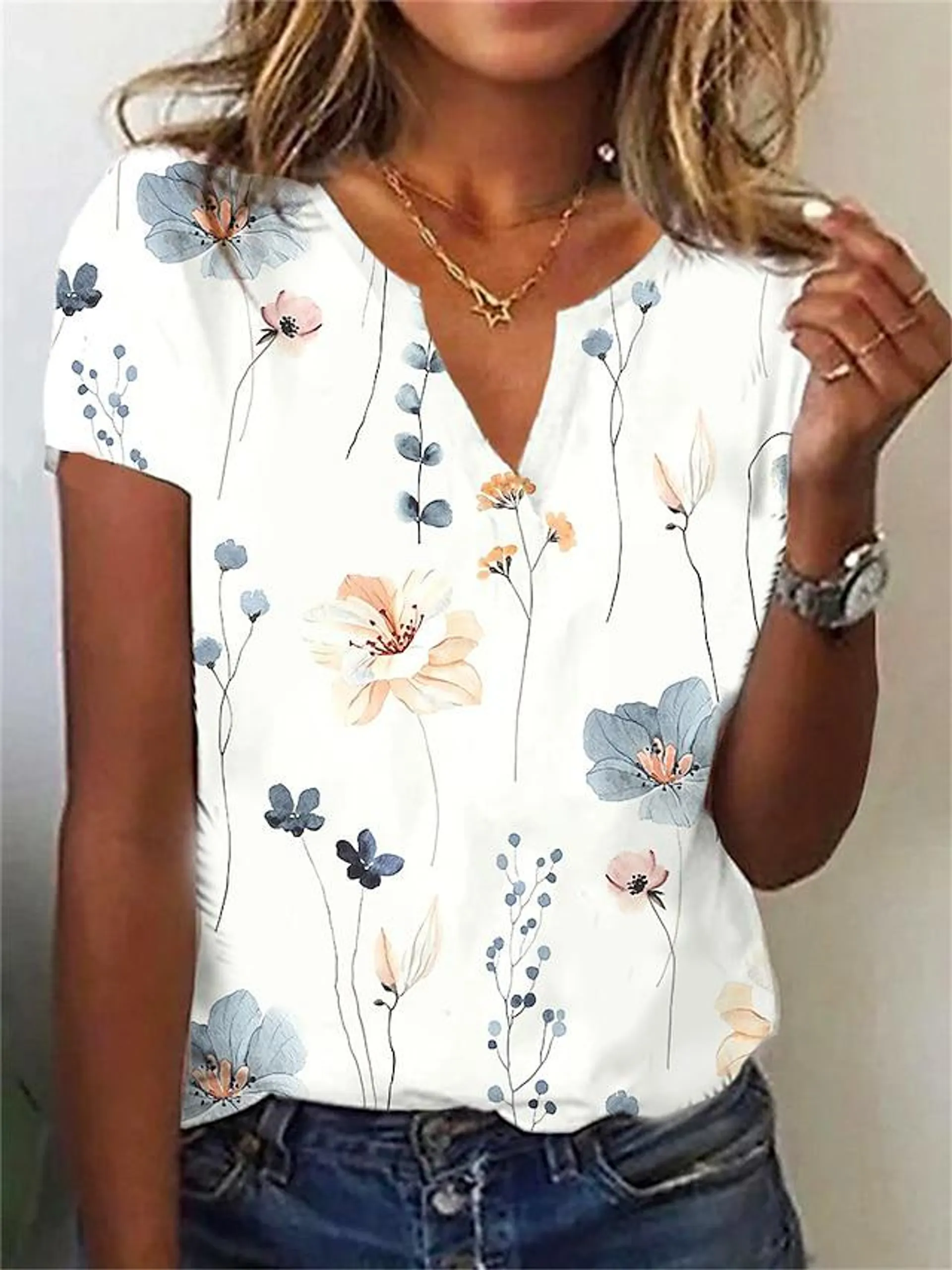 Women's T shirt Tee White Pink Navy Blue Leaf Print Short Sleeve Holiday Weekend Basic V Neck Regular Floral Painting S