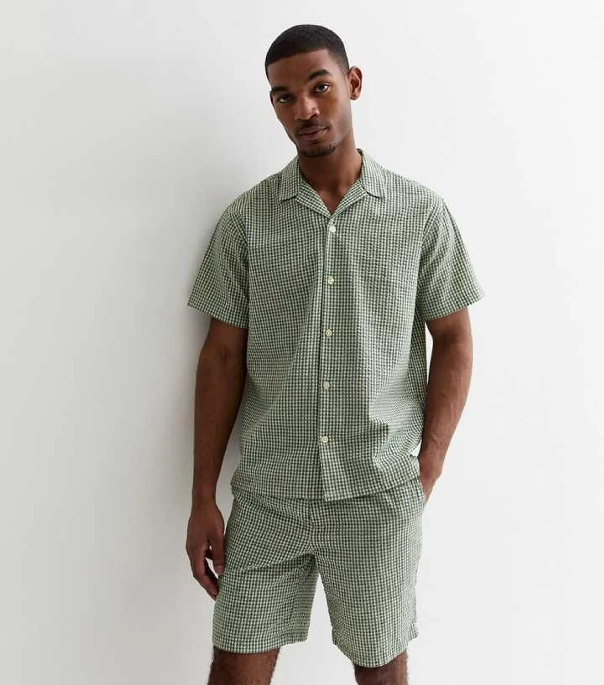 Jack & Jones Olive Gingham Seersucker Short Sleeve Shirt