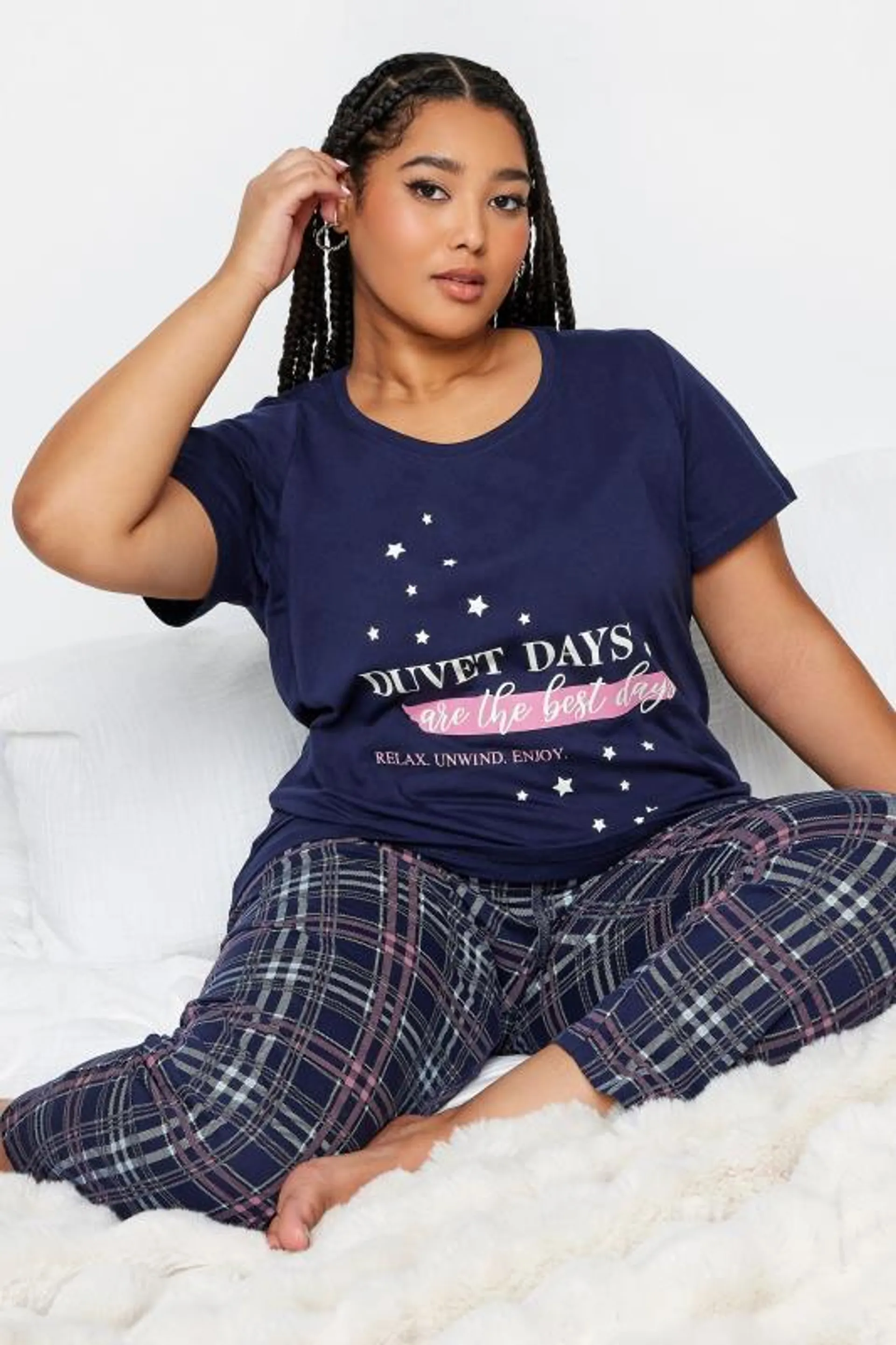 YOURS Curve Navy Blue 'Duvet Days' Slogan Check Print Pyjama Set