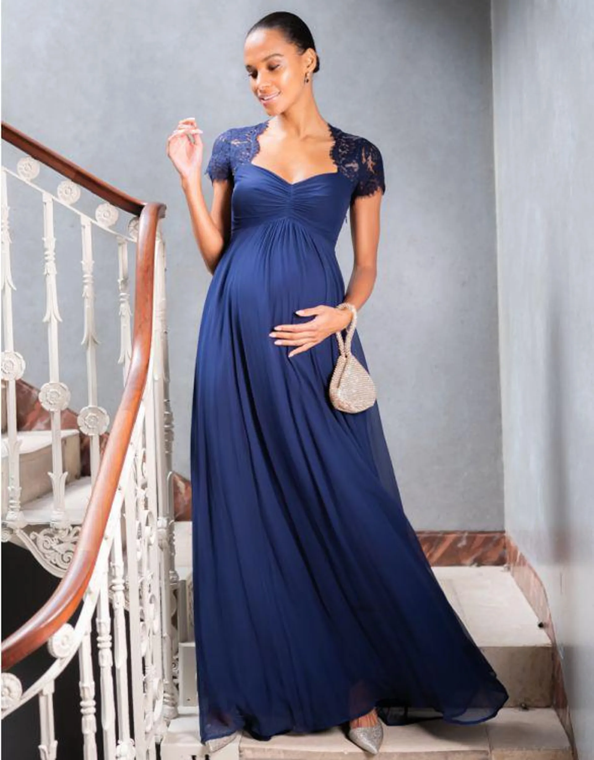 Navy Blue Silk & Lace Maternity Evening Dress