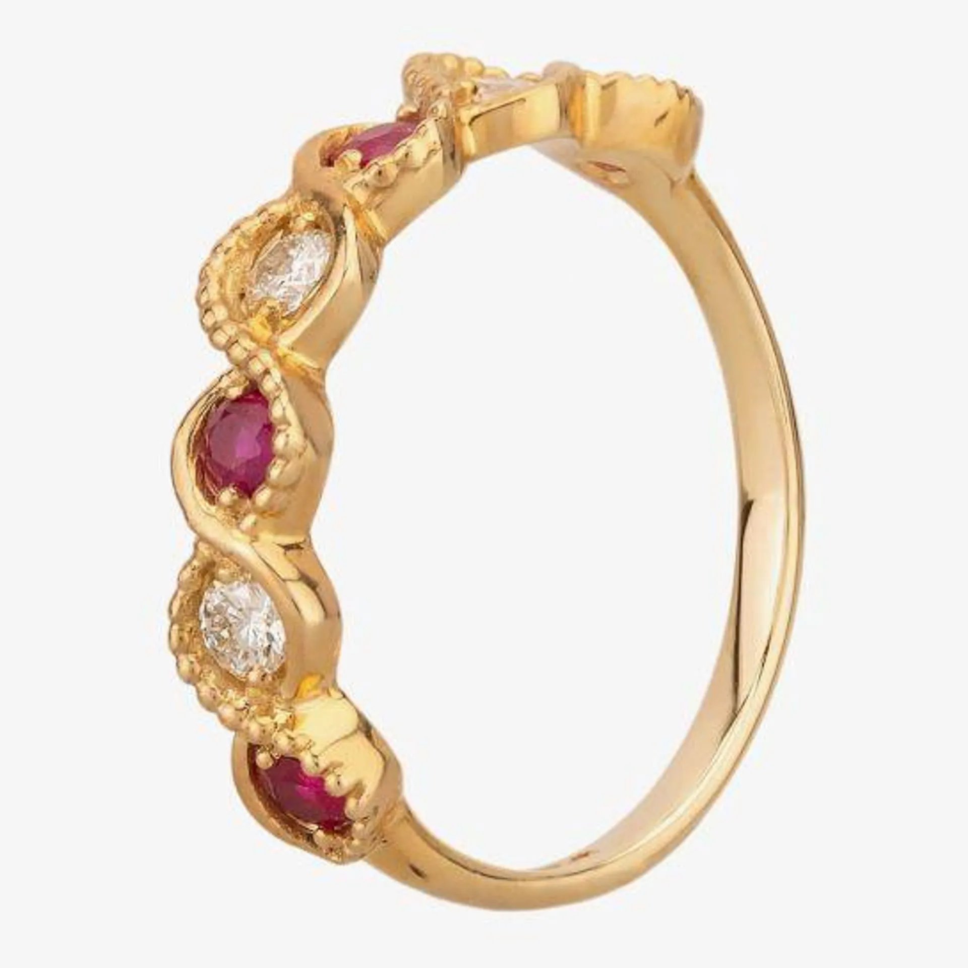 9ct Yellow Gold Ruby and 0.21ct Diamond Twist Half Eternity Ring