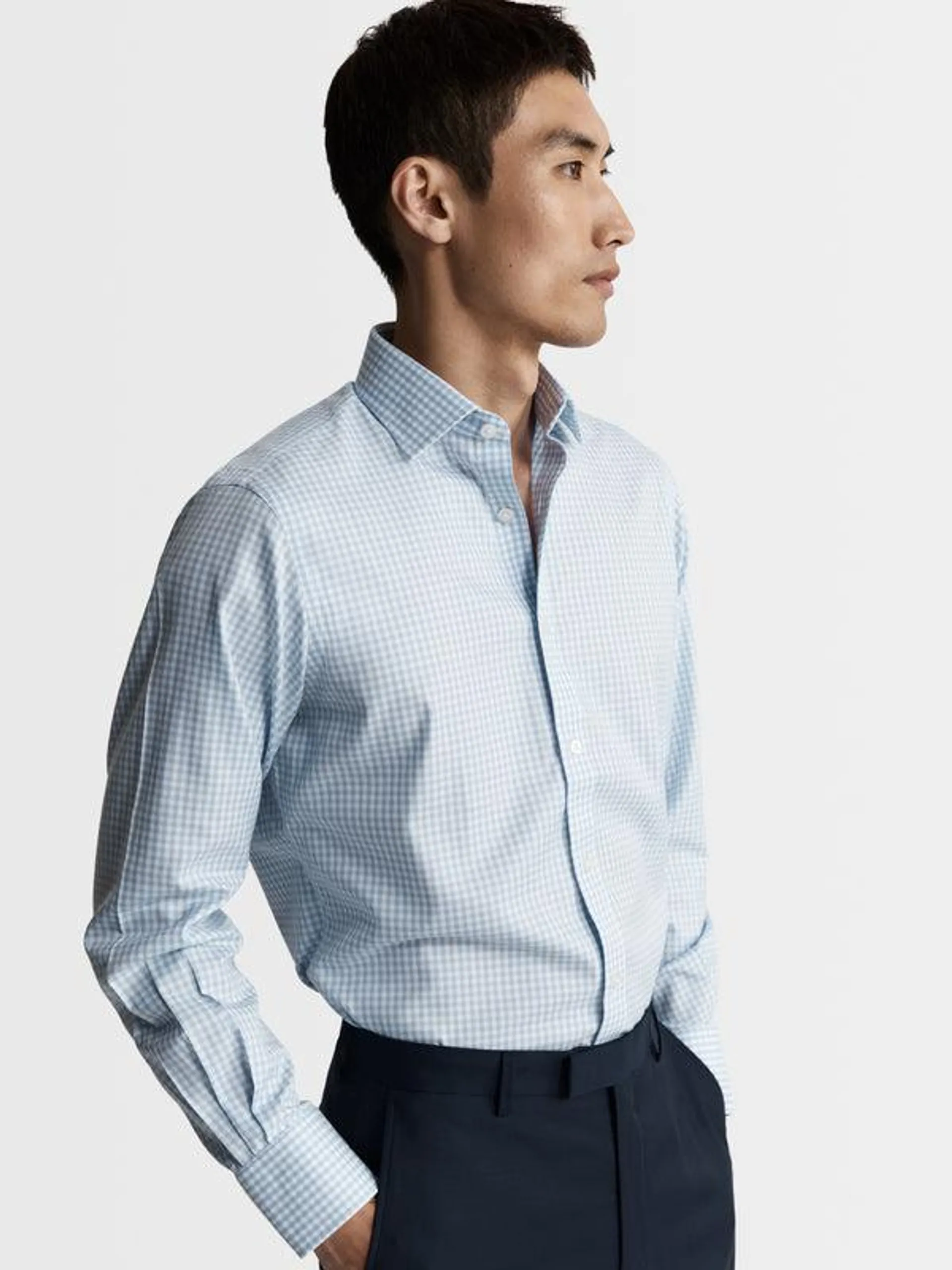 Non-Iron Light Blue Gingham Twill Regular Fit Single Cuff Classic Collar Shirt