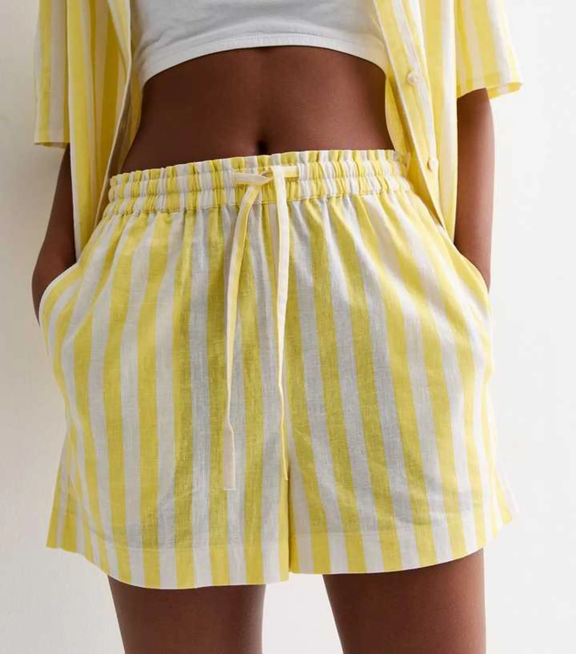 Orange Yellow Stripe Linen Blend Drawstring Shorts