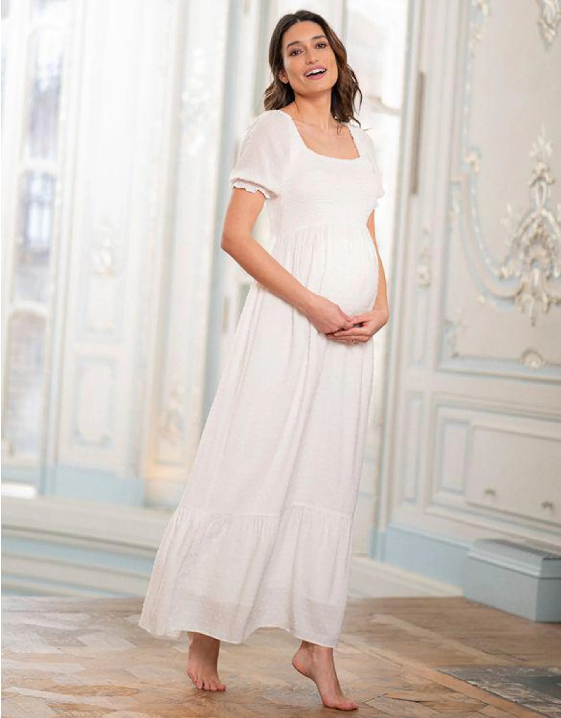 White Shirred Maternity Maxi Dress