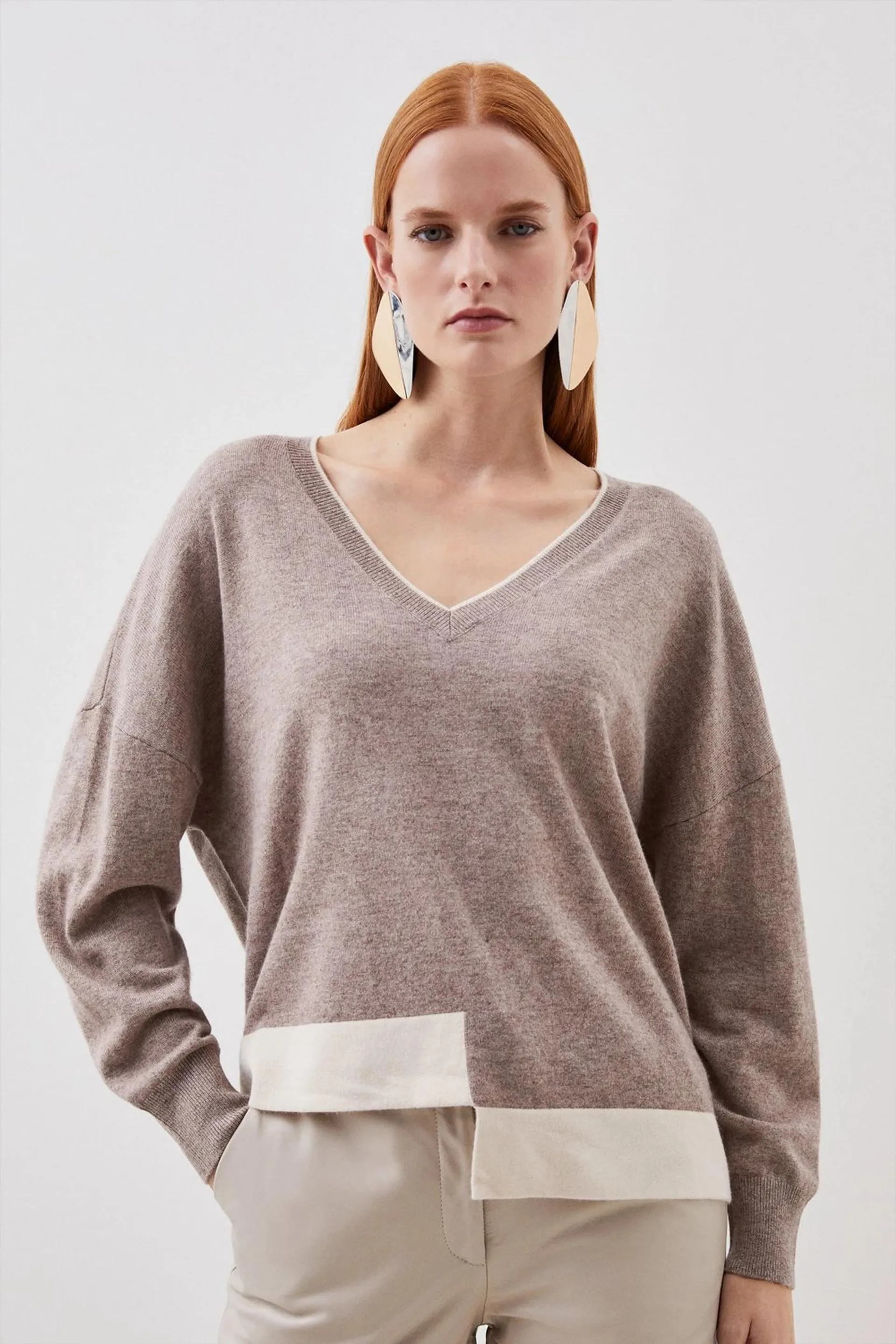 Cashmere Wool Knit Stepped Hem Jumper